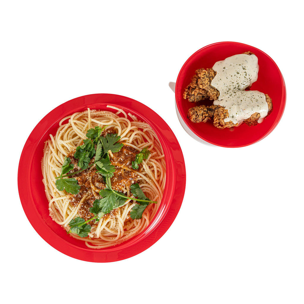 Adapt Tek Red Plastic 2-Piece Scoop Plate and Bowl Set - Spillproof, with Suction Base - Includes 20 Plates and 20 Bowls