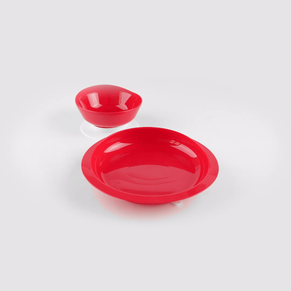 Adapt Tek Red Plastic 2-Piece Scoop Plate and Bowl Set - Spillproof, with Suction Base - Includes 20 Plates and 20 Bowls