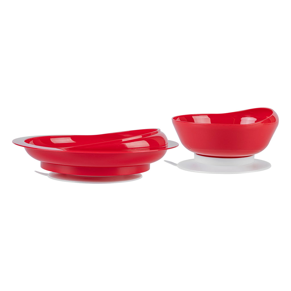 Adapt Tek Red Plastic 2-Piece Scoop Plate and Bowl Set - Spillproof, with Suction Base - Includes 20 Plates and 20 Bowls