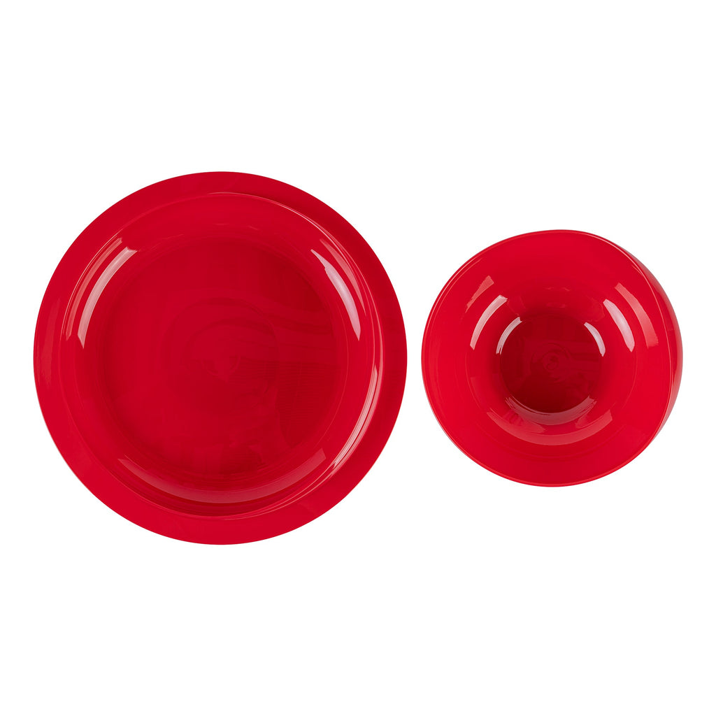 Adapt Tek Red Plastic 2-Piece Scoop Plate and Bowl Set - Spillproof, with Suction Base - Includes 20 Plates and 20 Bowls