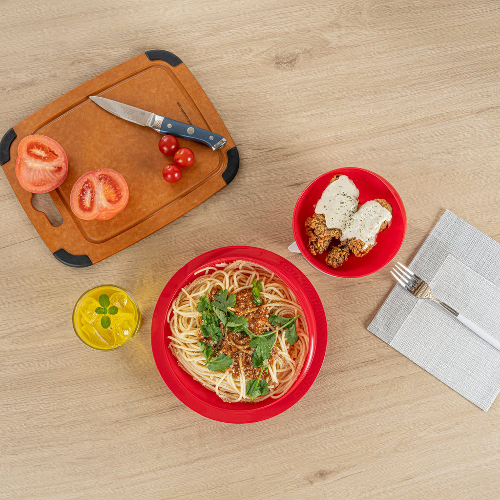 Adapt Tek Red Plastic 2-Piece Scoop Plate and Bowl Set - Spillproof, with Suction Base - Includes 20 Plates and 20 Bowls