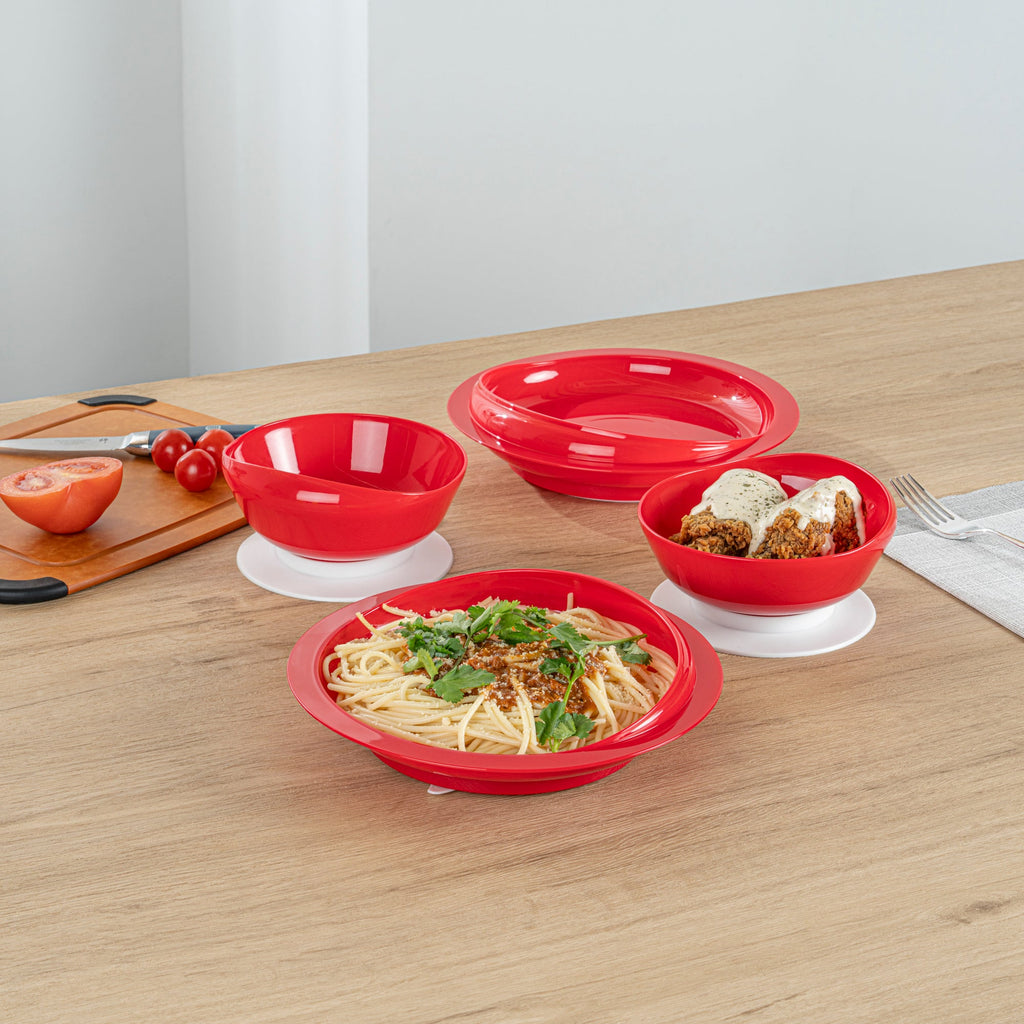 Adapt Tek Red Plastic 2-Piece Scoop Plate and Bowl Set - Spillproof, with Suction Base - Includes 20 Plates and 20 Bowls