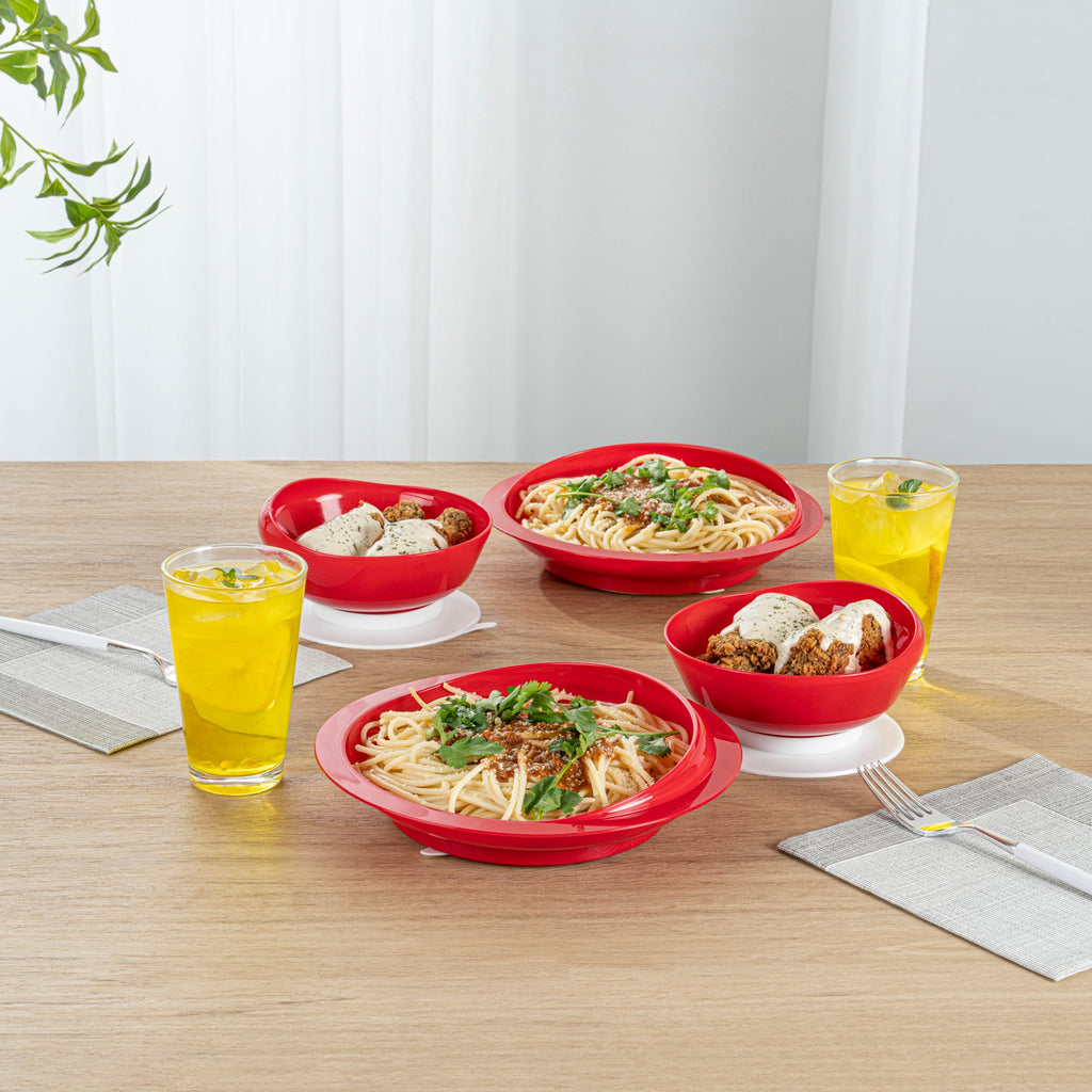 Adapt Tek Red Plastic 2-Piece Scoop Plate and Bowl Set - Spillproof, with Suction Base - Includes 20 Plates and 20 Bowls