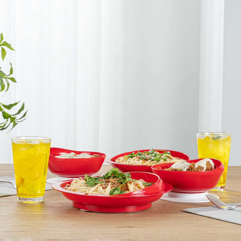 Adapt Tek Red Plastic 2-Piece Scoop Plate and Bowl Set - Spillproof, with Suction Base - Includes 20 Plates and 20 Bowls