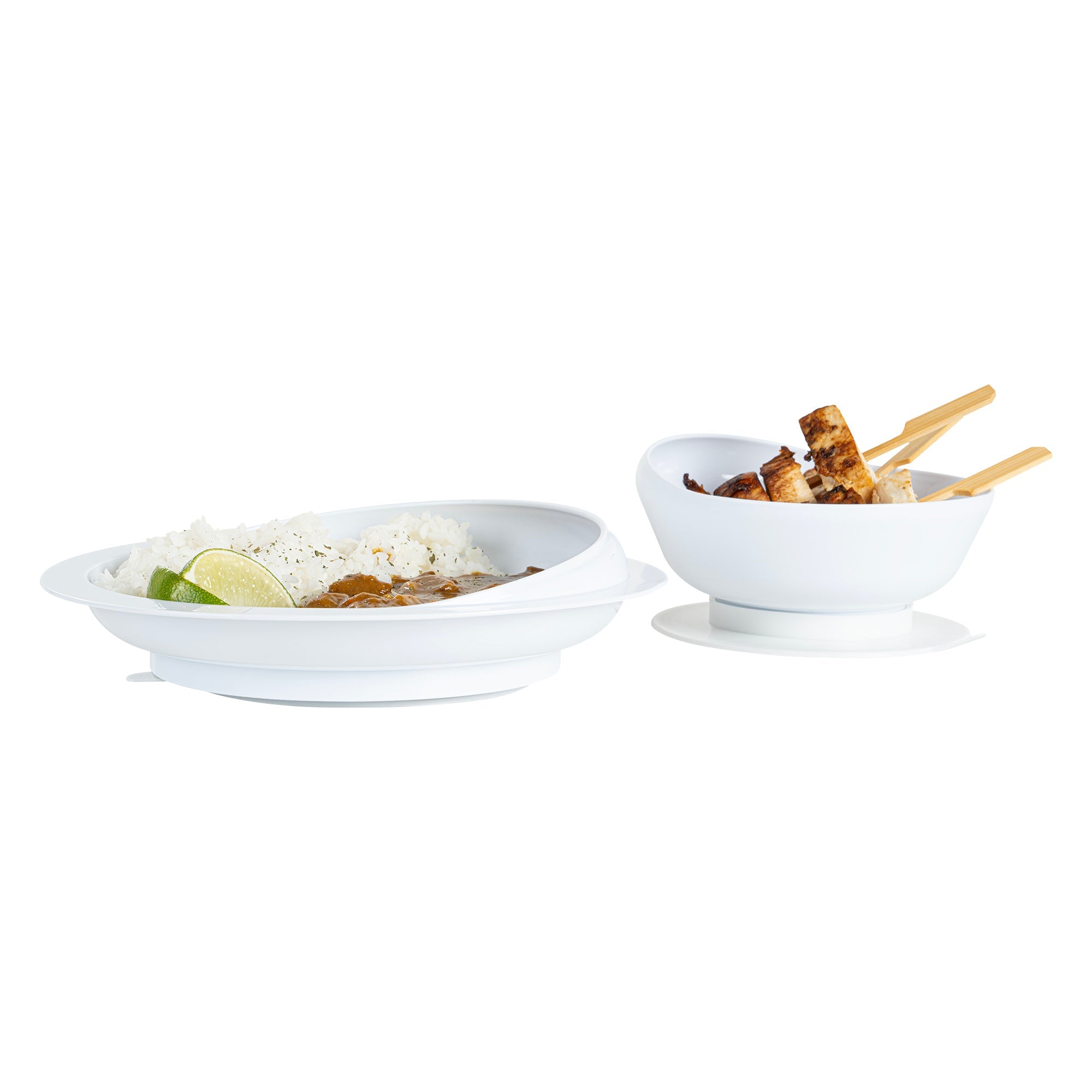 Adapt Tek Round White Plastic 2-Piece Scoop Plate and Bowl Set - Spillproof, with Suction Base - Includes 1 Plate and 1 Bowl