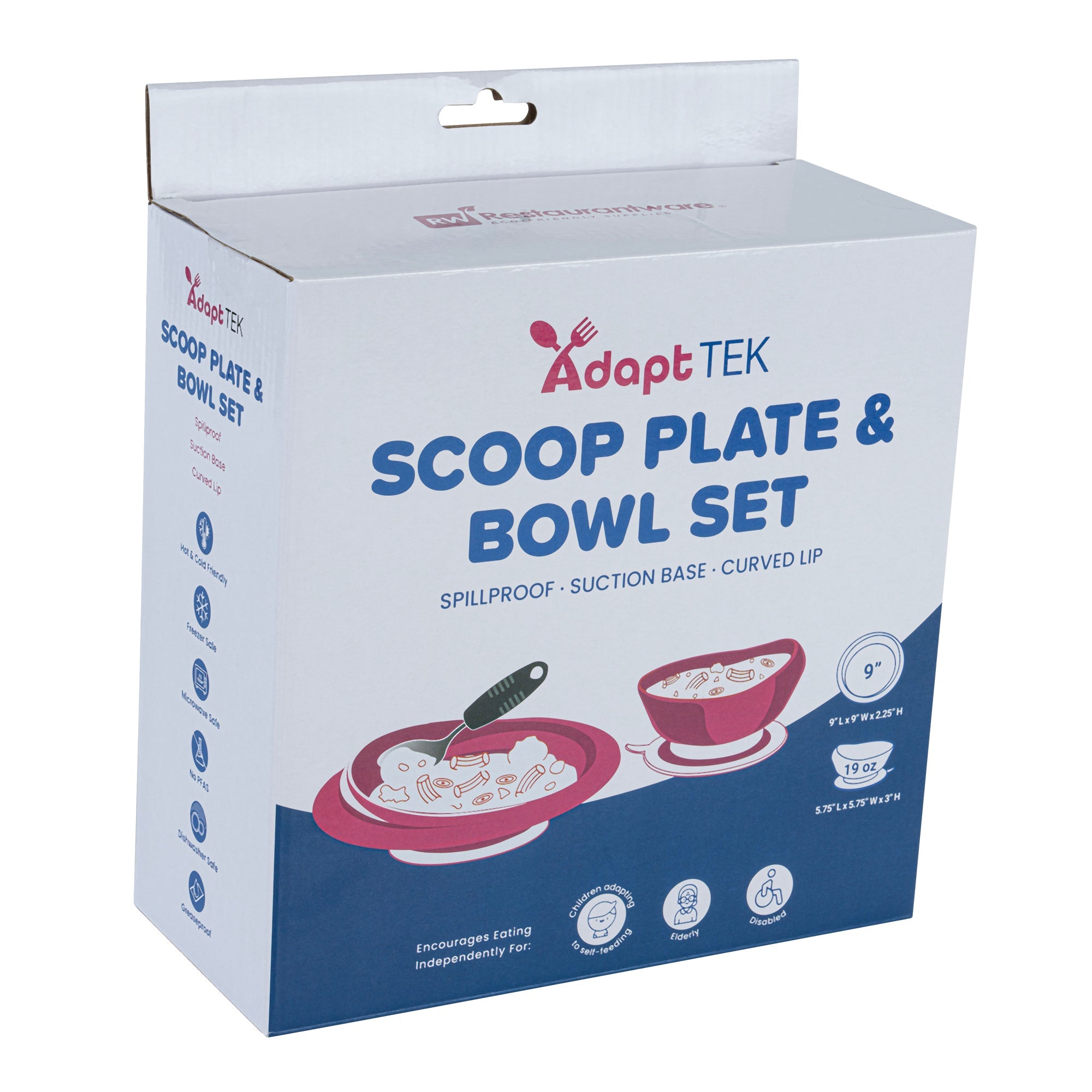Adapt Tek Round White Plastic 2-Piece Scoop Plate and Bowl Set - Spillproof, with Suction Base - Includes 1 Plate and 1 Bowl