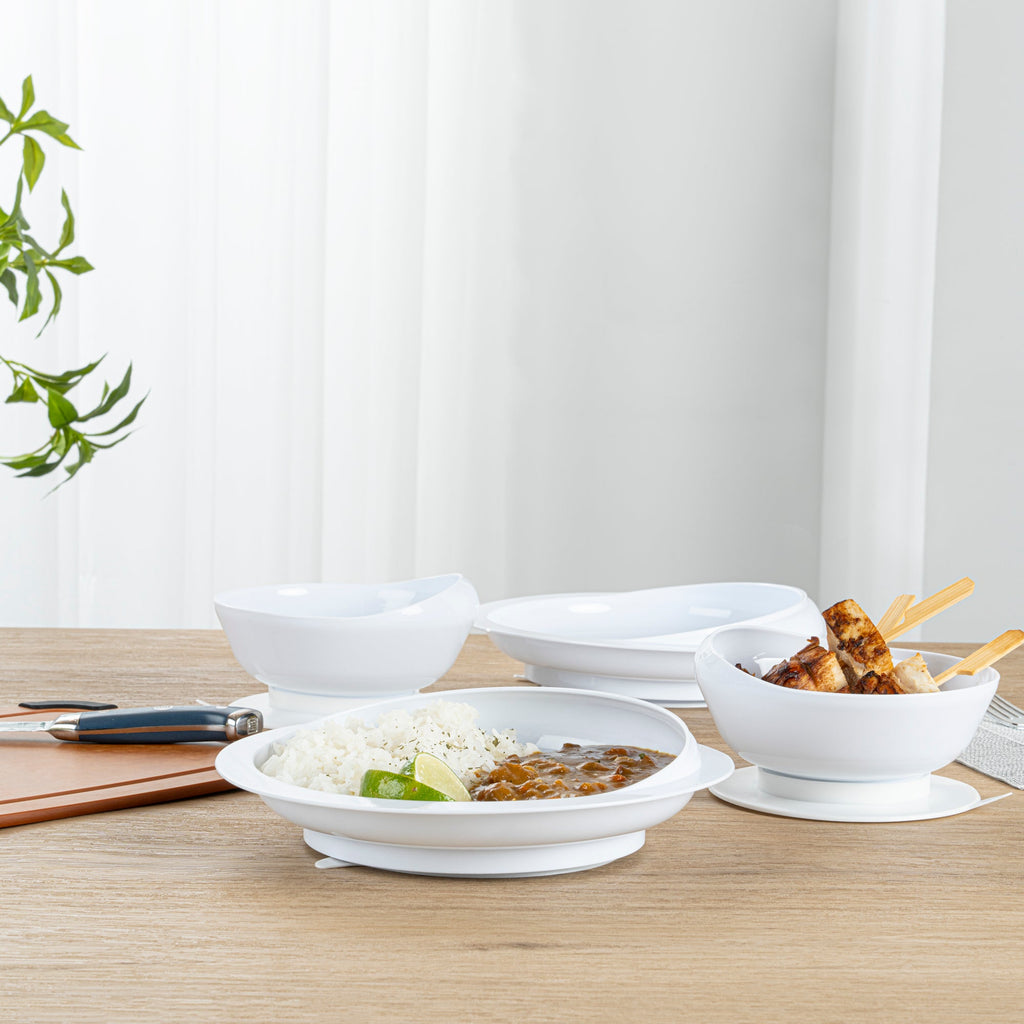 Adapt Tek Round White Plastic 2-Piece Scoop Plate and Bowl Set - Spillproof, with Suction Base - Includes 1 Plate and 1 Bowl