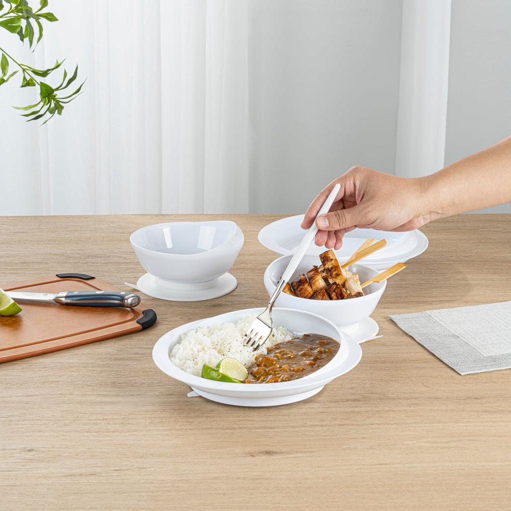 Adapt Tek Round White Plastic 2-Piece Scoop Plate and Bowl Set - Spillproof, with Suction Base - Includes 1 Plate and 1 Bowl