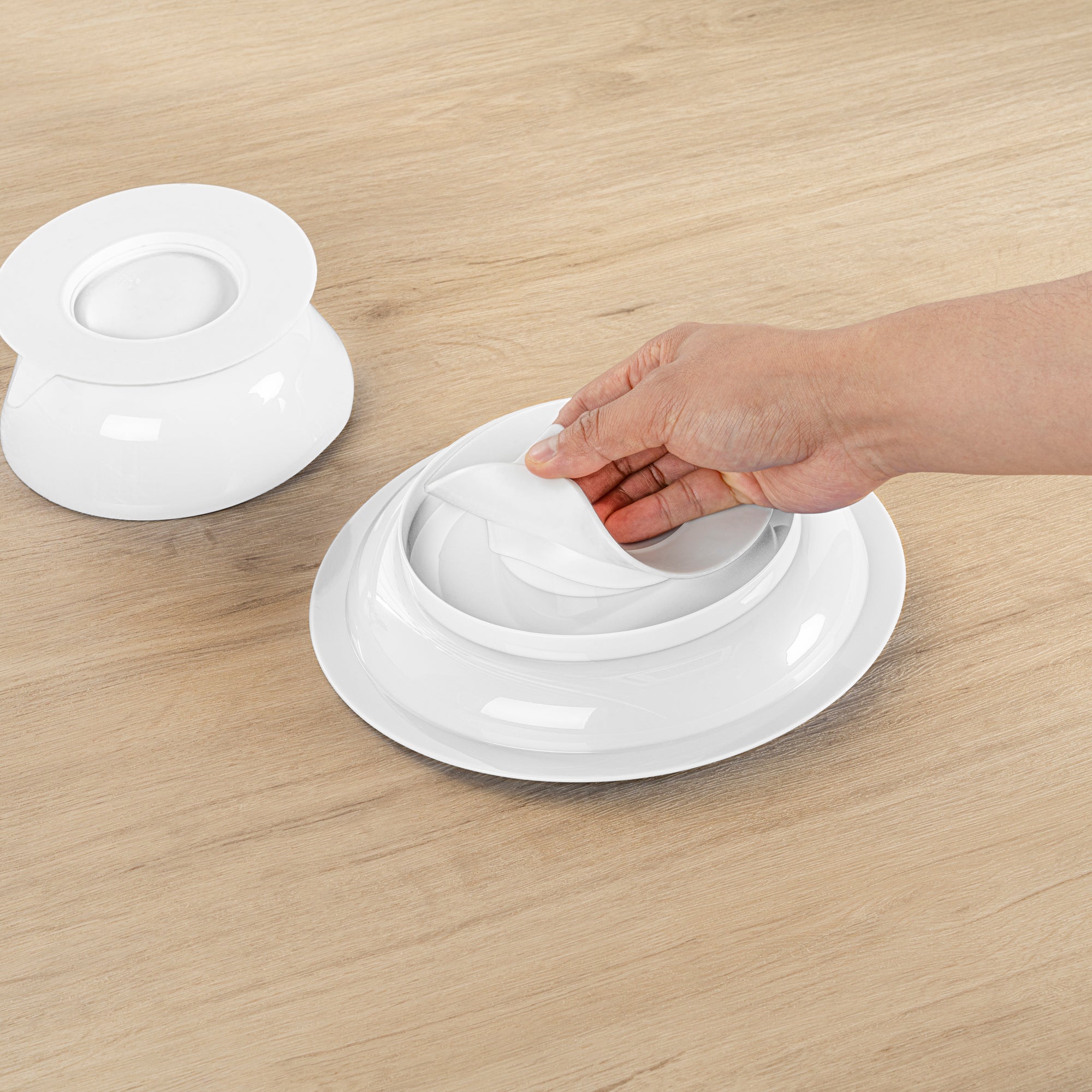 Adapt Tek Round White Plastic 2-Piece Scoop Plate and Bowl Set - Spillproof, with Suction Base - Includes 1 Plate and 1 Bowl