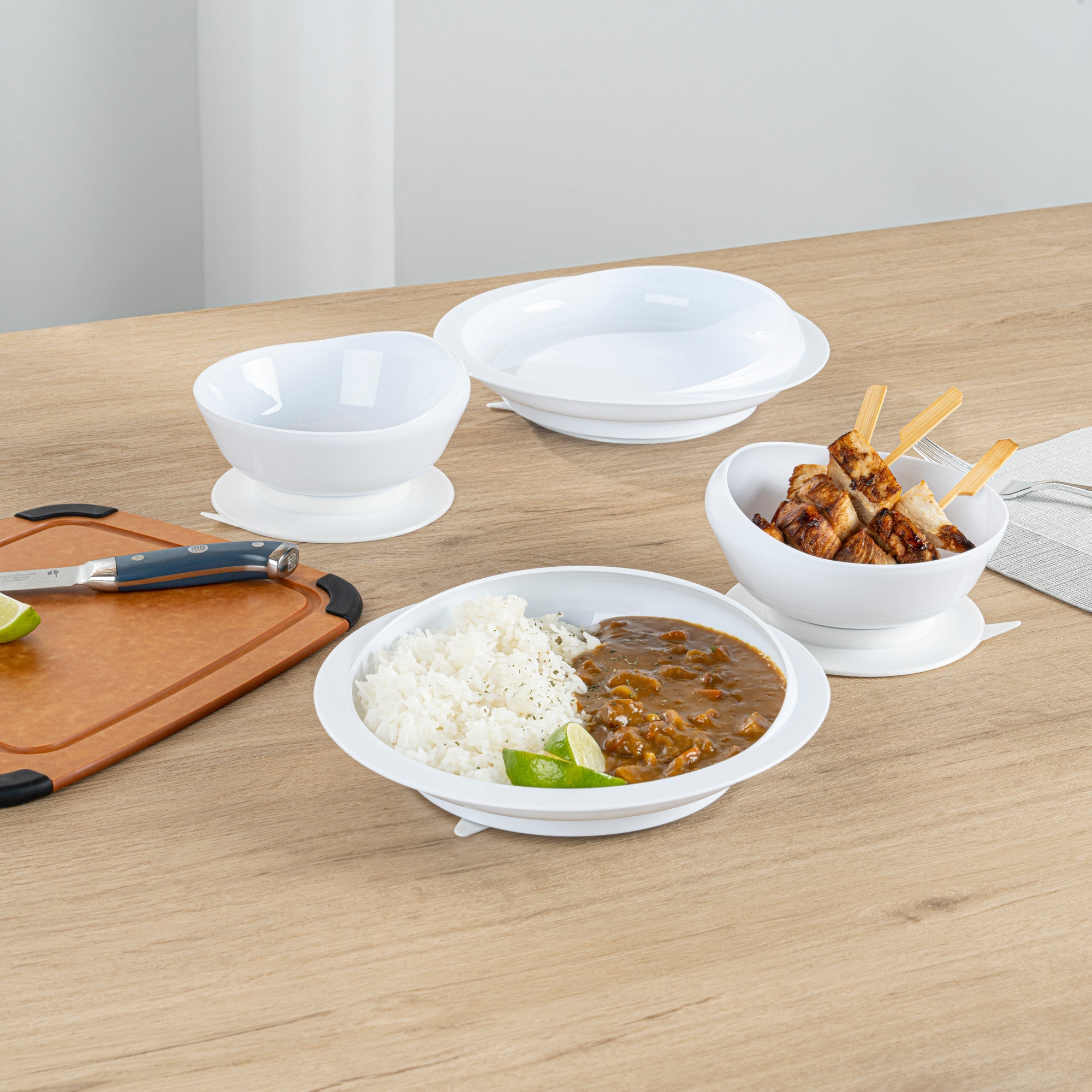 Adapt Tek Round White Plastic 2-Piece Scoop Plate and Bowl Set - Spillproof, with Suction Base - Includes 1 Plate and 1 Bowl
