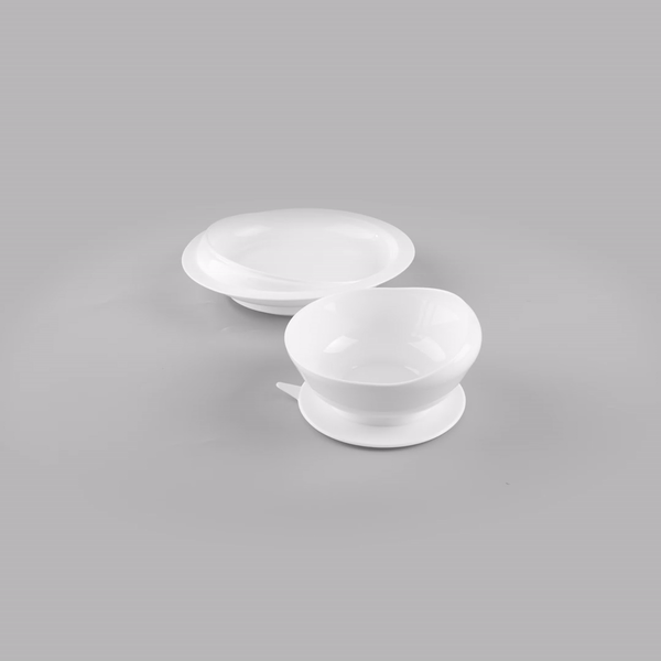 Adapt Tek White Plastic 2-Piece Scoop Plate and Bowl Set - Spillproof, with Suction Base - Includes 20 Plates and 20 Bowls