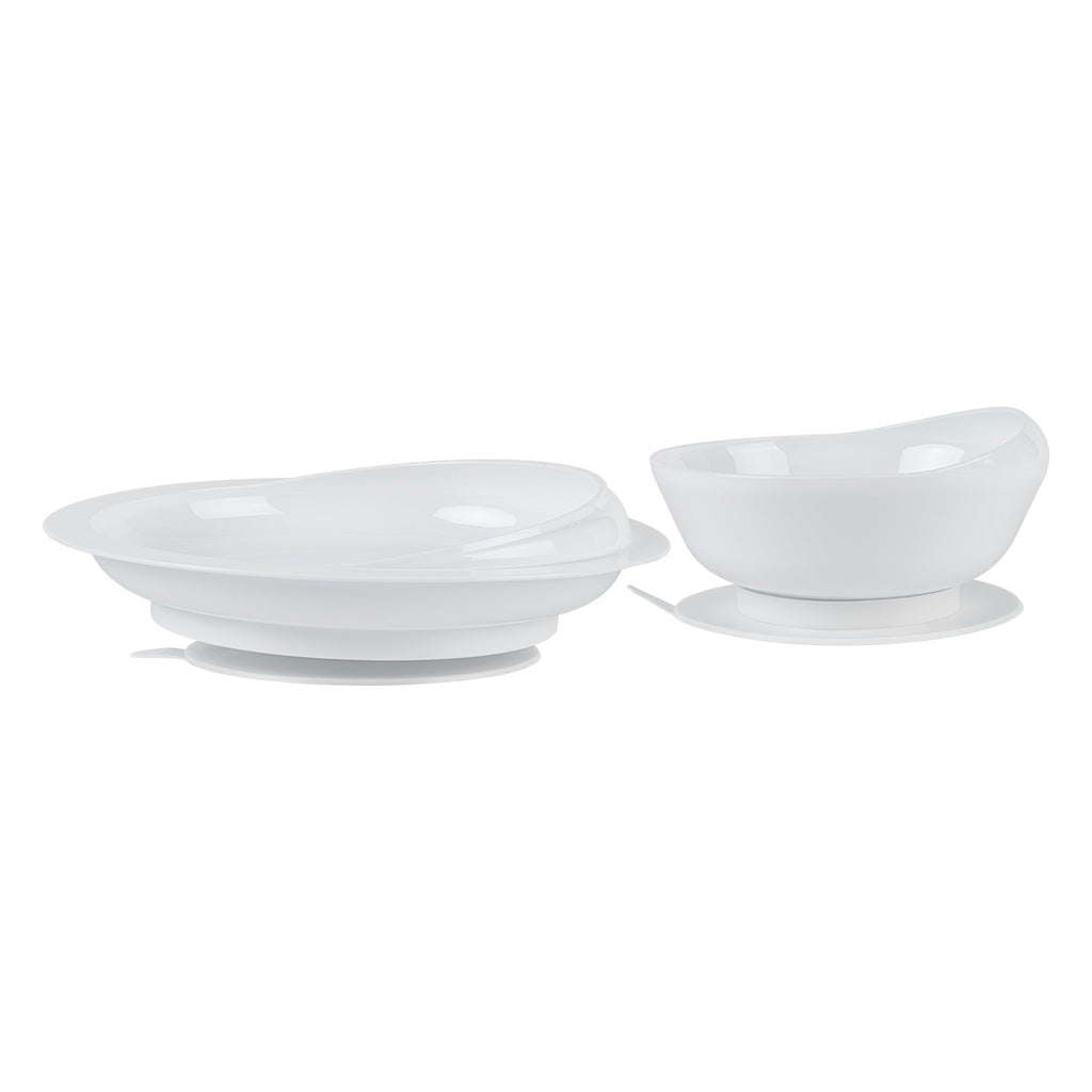 Adapt Tek White Plastic 2-Piece Scoop Plate and Bowl Set - Spillproof, with Suction Base - Includes 20 Plates and 20 Bowls