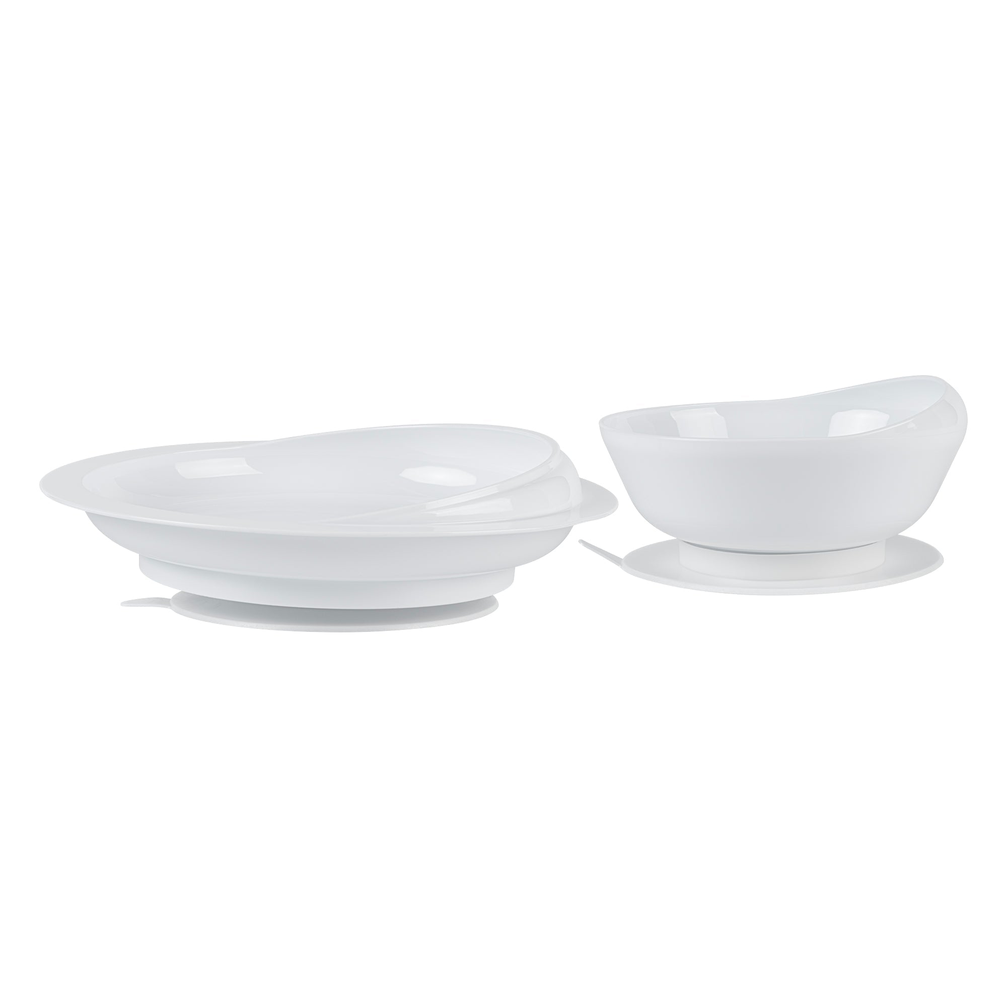 Adapt Tek White Plastic 2-Piece Scoop Plate and Bowl Set - Spillproof, with Suction Base - Includes 20 Plates and 20 Bowls