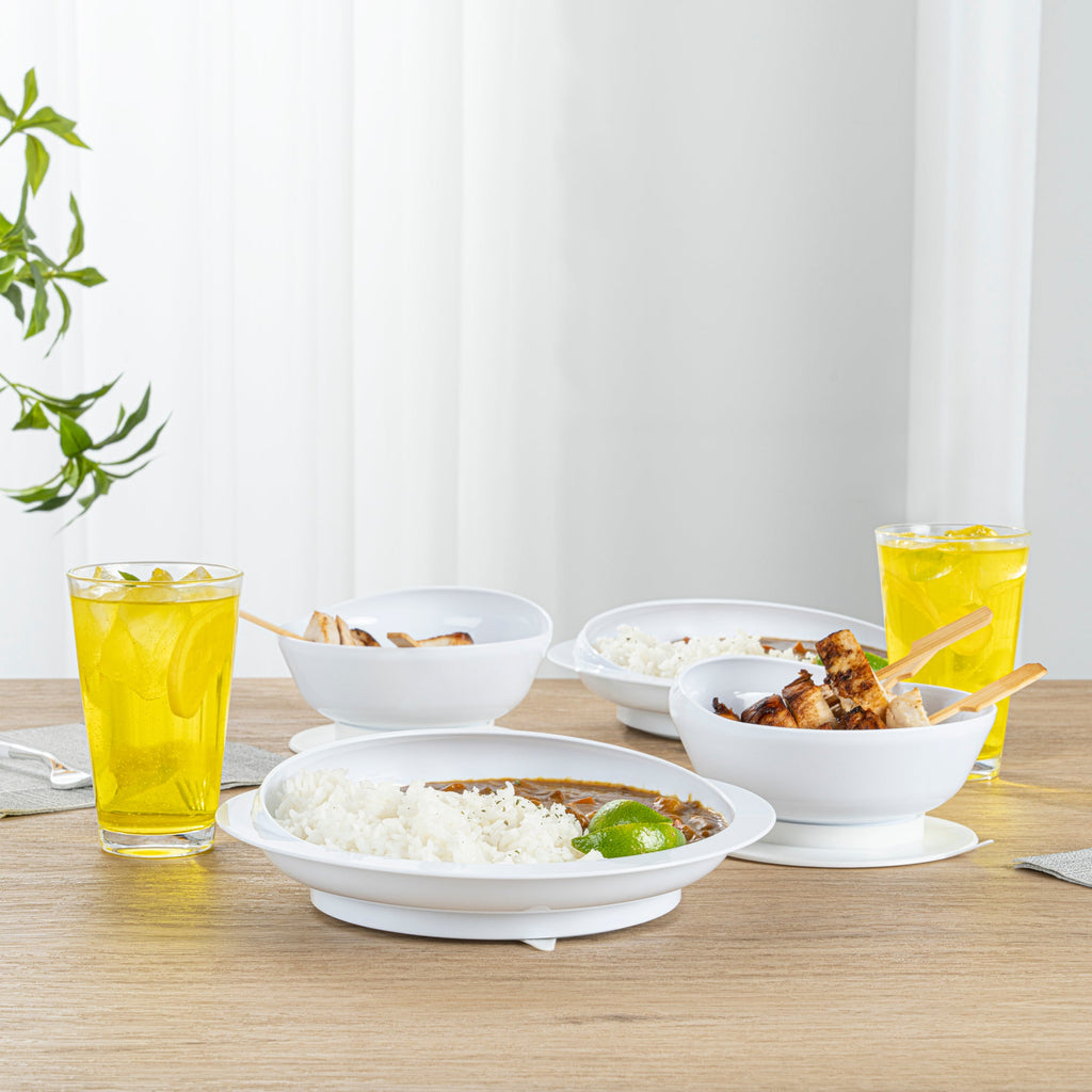 Adapt Tek White Plastic 2-Piece Scoop Plate and Bowl Set - Spillproof, with Suction Base - Includes 20 Plates and 20 Bowls