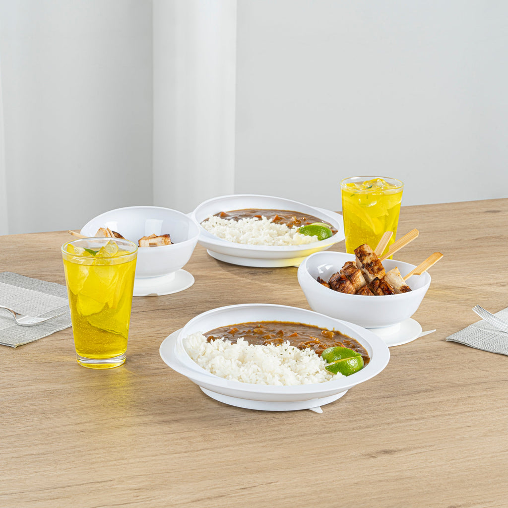 Adapt Tek White Plastic 2-Piece Scoop Plate and Bowl Set - Spillproof, with Suction Base - Includes 20 Plates and 20 Bowls