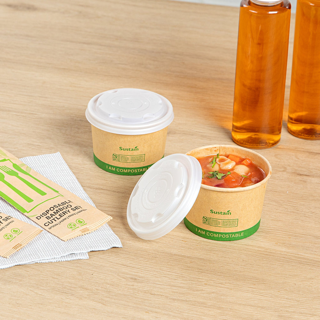 Sustain Round White PLA Plastic Lid - Compostable, Fits 8 oz Soup Container - 25 count box