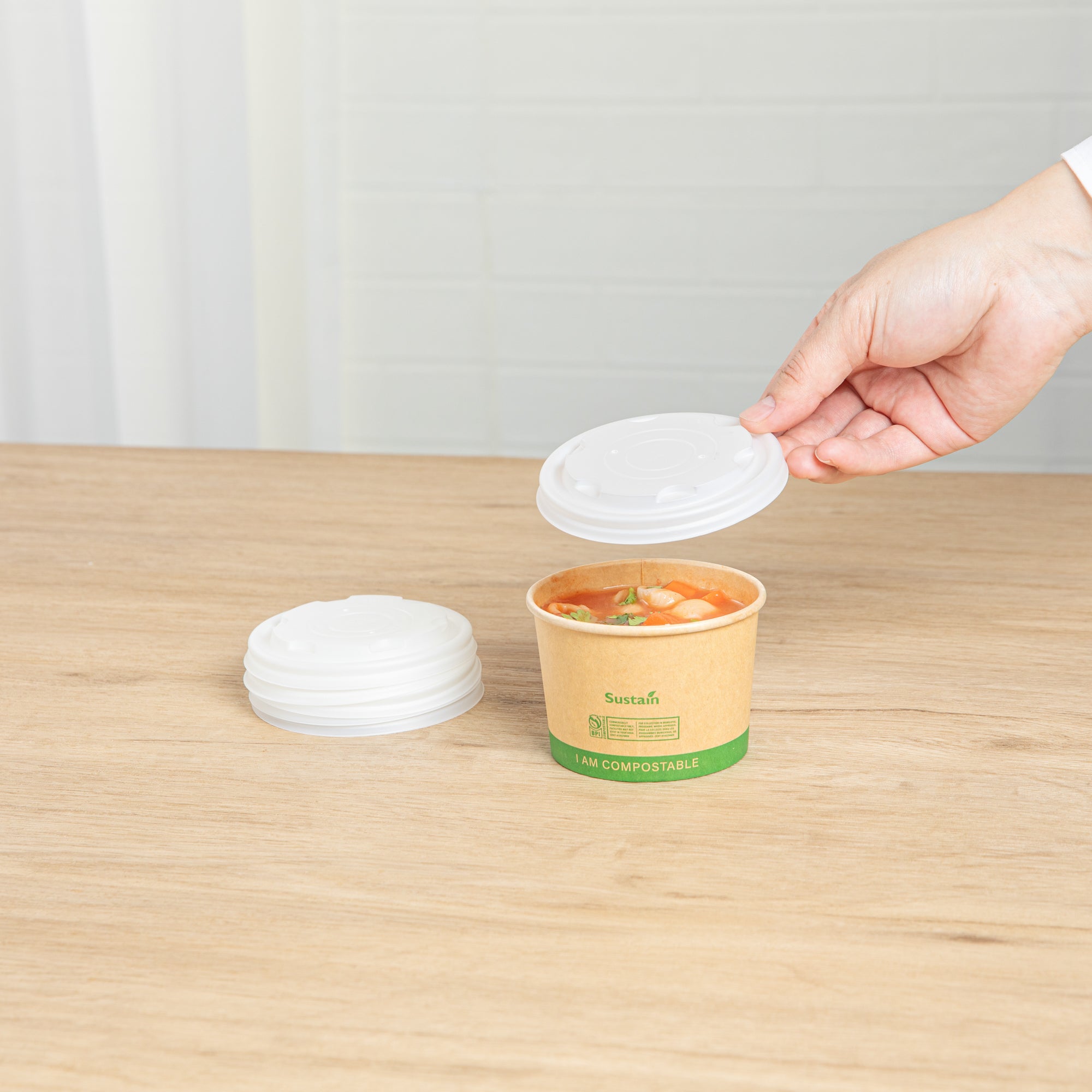 Sustain Round White PLA Plastic Lid - Compostable, Fits 8 oz Soup Container - 25 count box