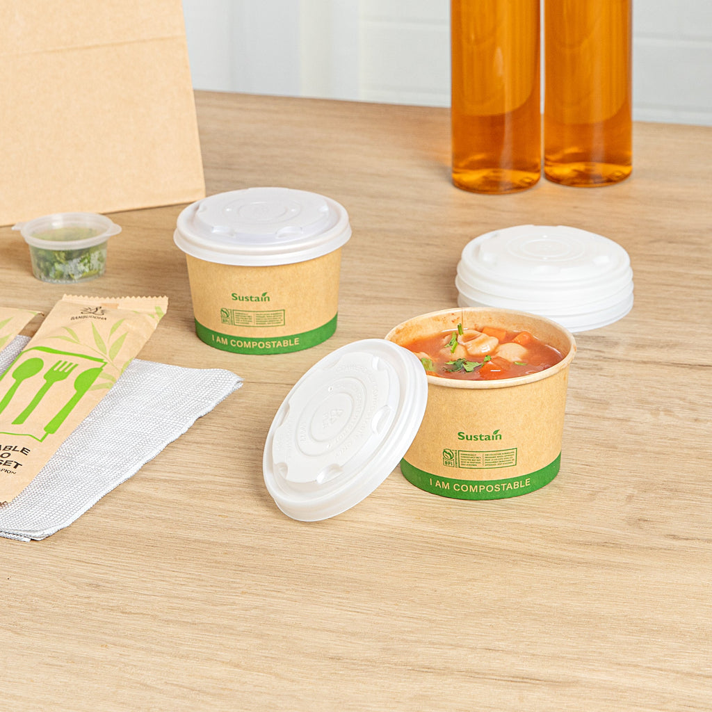 Sustain Round White PLA Plastic Lid - Compostable, Fits 8 oz Soup Container - 200 count box
