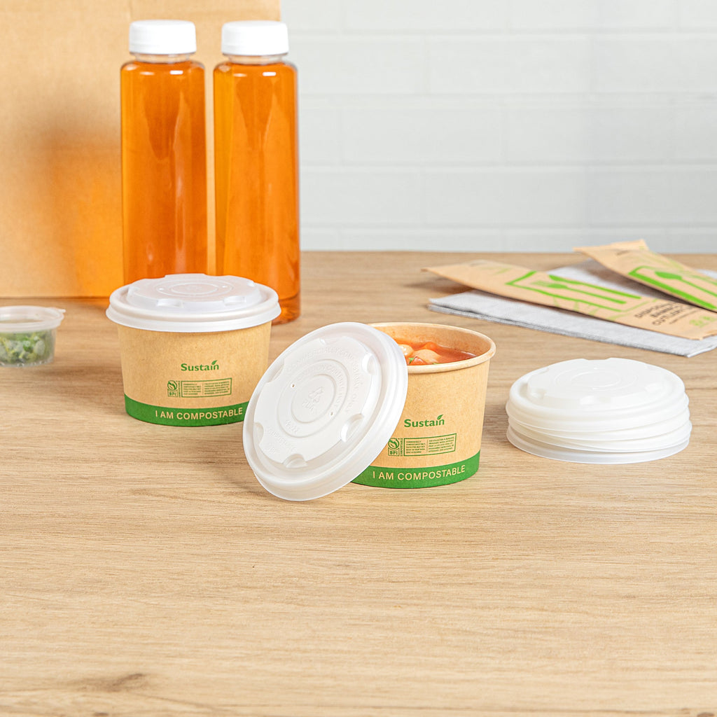 Sustain Round White PLA Plastic Lid - Compostable, Fits 8 oz Soup Container - 200 count box