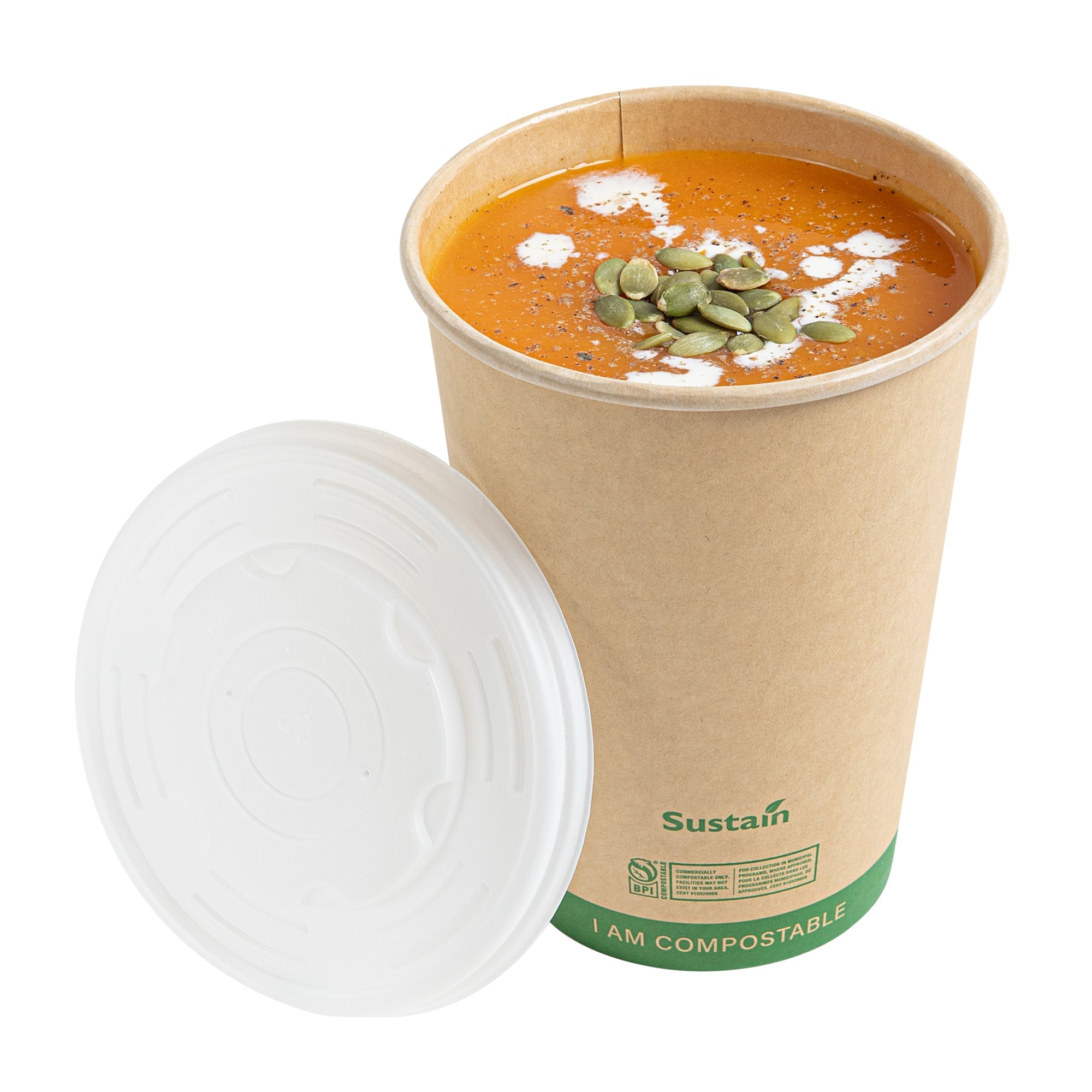 Sustain Round White PLA Plastic Lid - Compostable, Fits 12, 16, 24 & 32 oz Soup Container - 200 count box