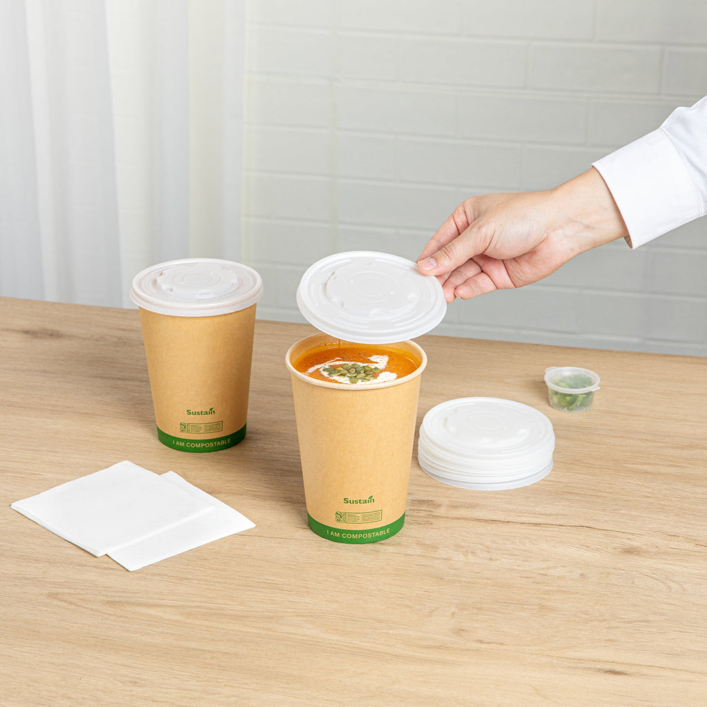Sustain Round White PLA Plastic Lid - Compostable, Fits 12, 16, 24 & 32 oz Soup Container - 200 count box