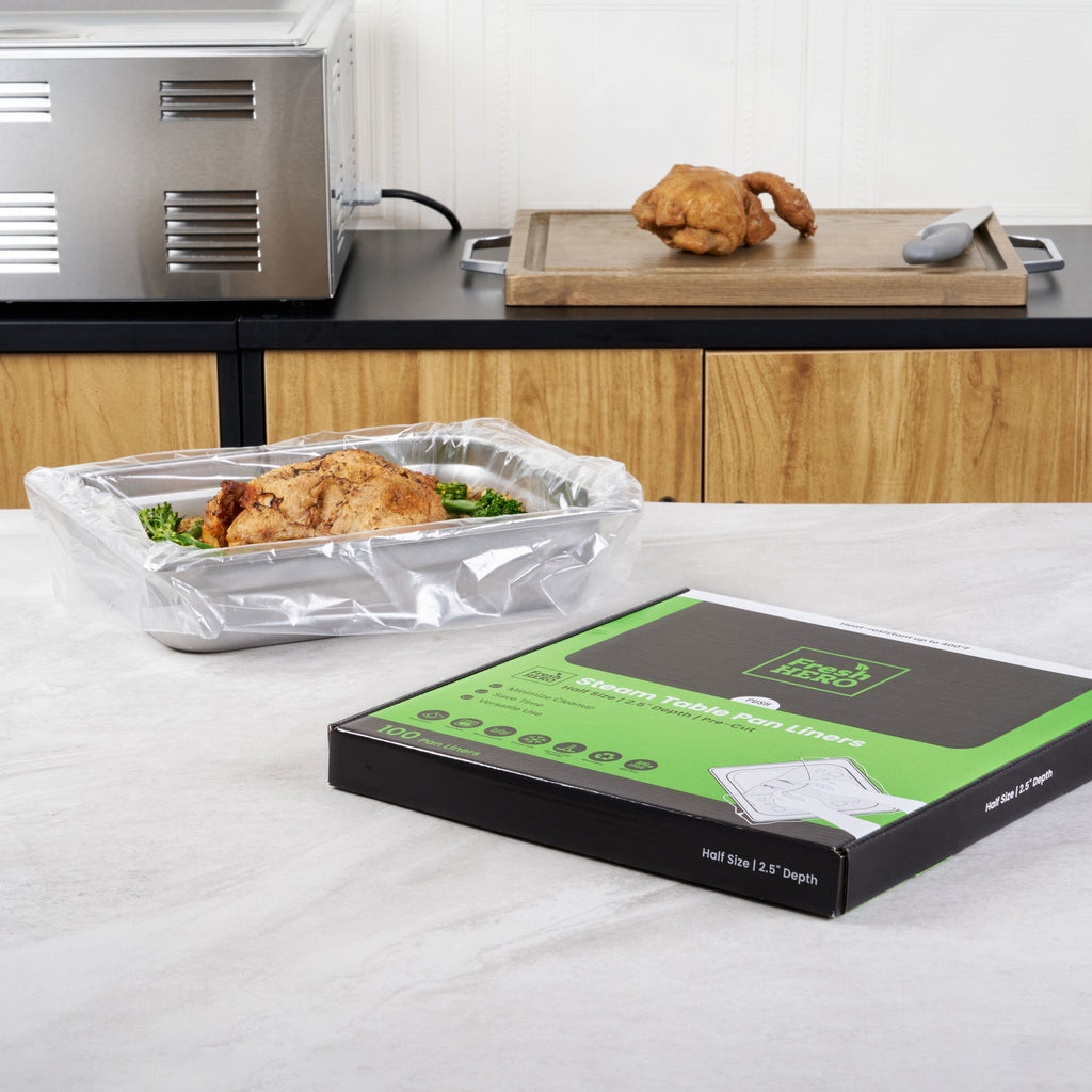 Fresh Hero Nylon Half Size Shallow Steam Table Pan Liner - 2.5" Depth - 23" x 11" - 100 count box