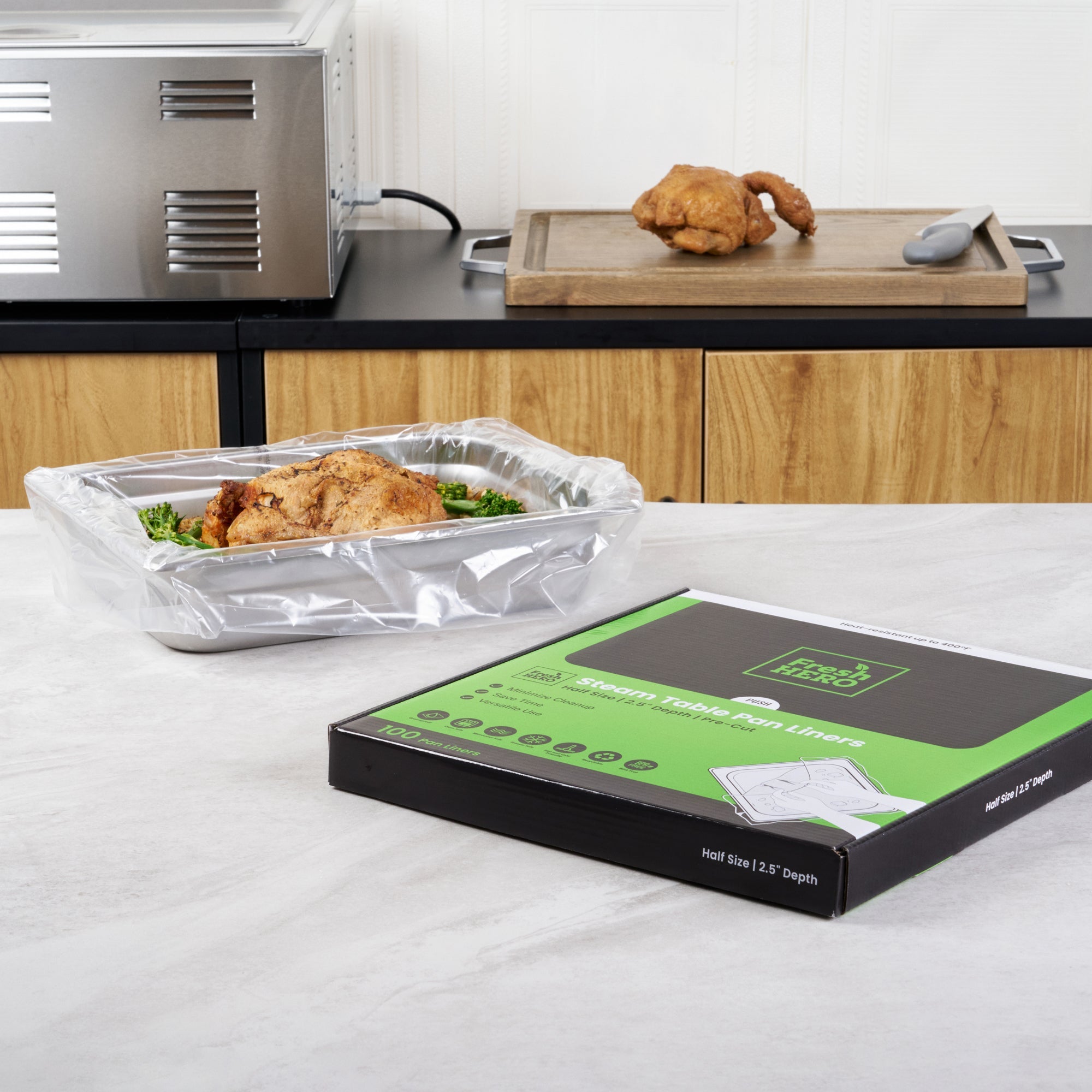Fresh Hero Nylon Half Size Shallow Steam Table Pan Liner - 2.5" Depth - 23" x 11" - 100 count box