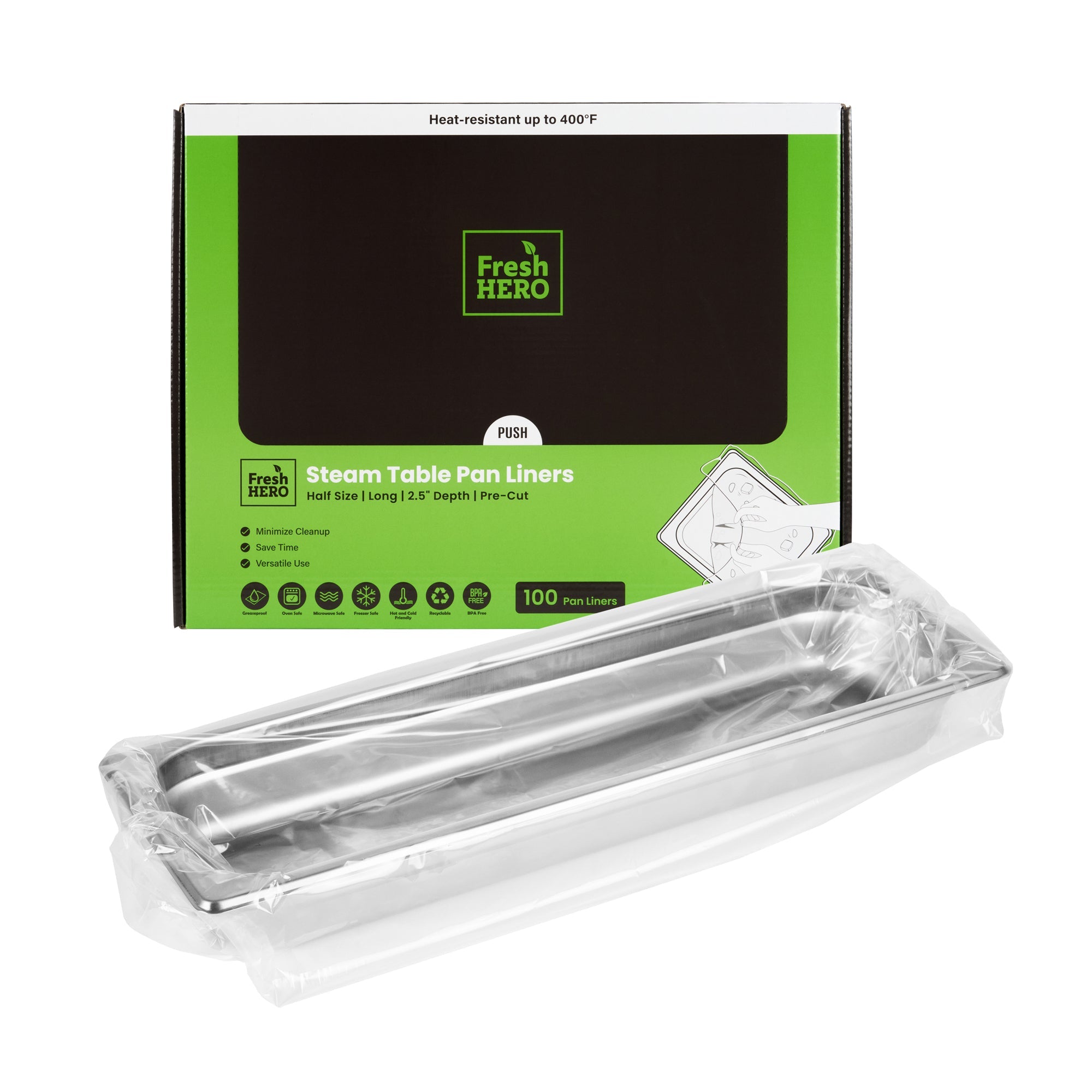 Fresh Hero Nylon Half Size Long Steam Table Pan Liner - 2.5" Depth - 27" x 10" - 100 count box