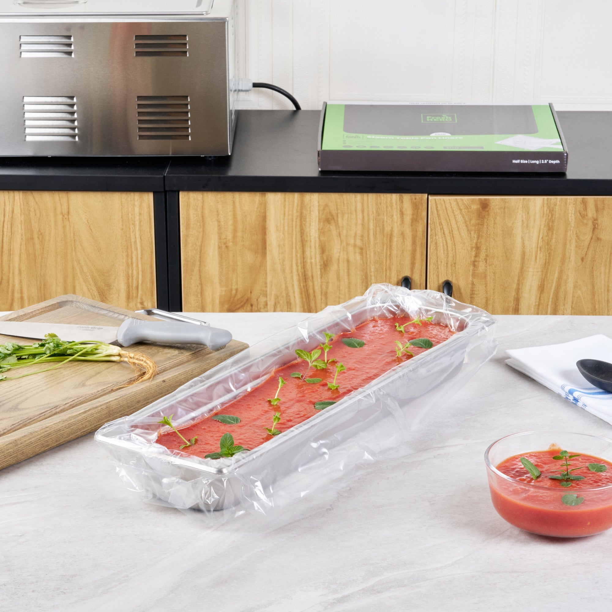 Fresh Hero Nylon Half Size Long Steam Table Pan Liner - 2.5" Depth - 27" x 10" - 100 count box