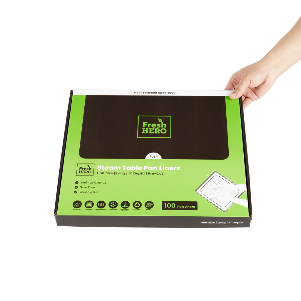 Fresh Hero Nylon Half Size Long Steam Table Pan Liner - 4" Depth - 27" x 11" - 100 count box