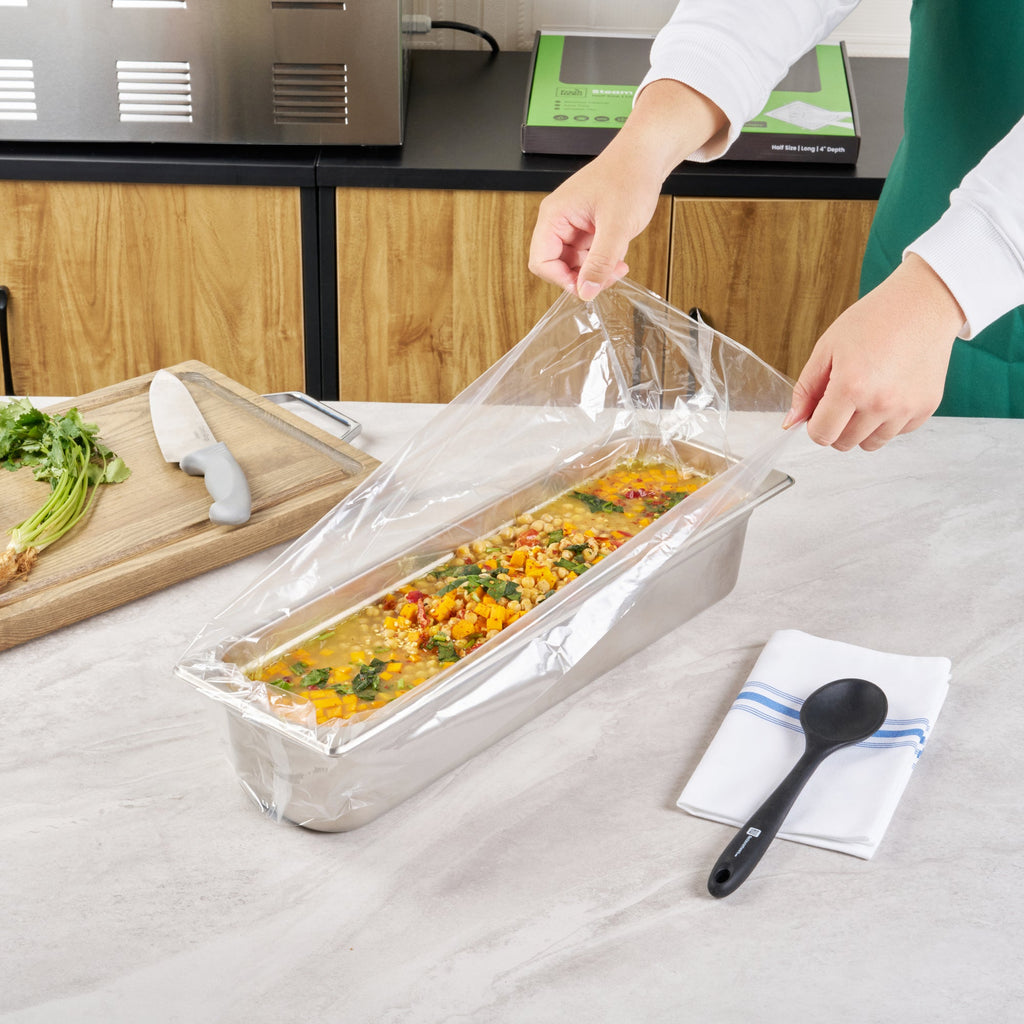 Fresh Hero Nylon Half Size Long Steam Table Pan Liner - 4" Depth - 27" x 11" - 100 count box