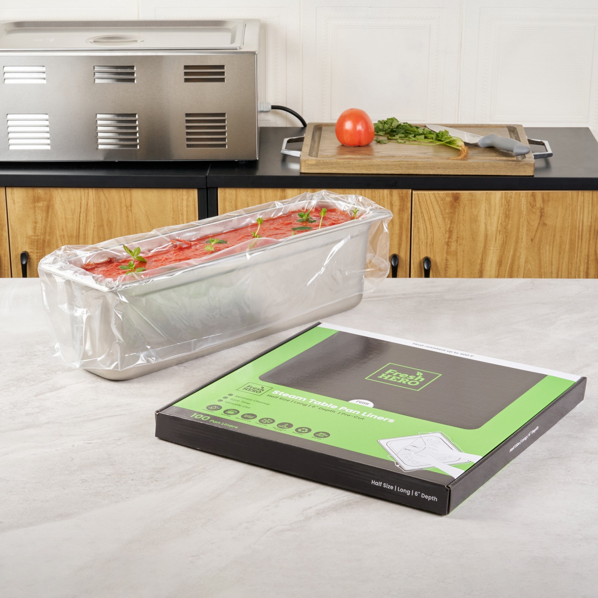 Fresh Hero Nylon Half Size Long Steam Table Pan Liner - 6" Depth - 27" x 14" - 100 count box