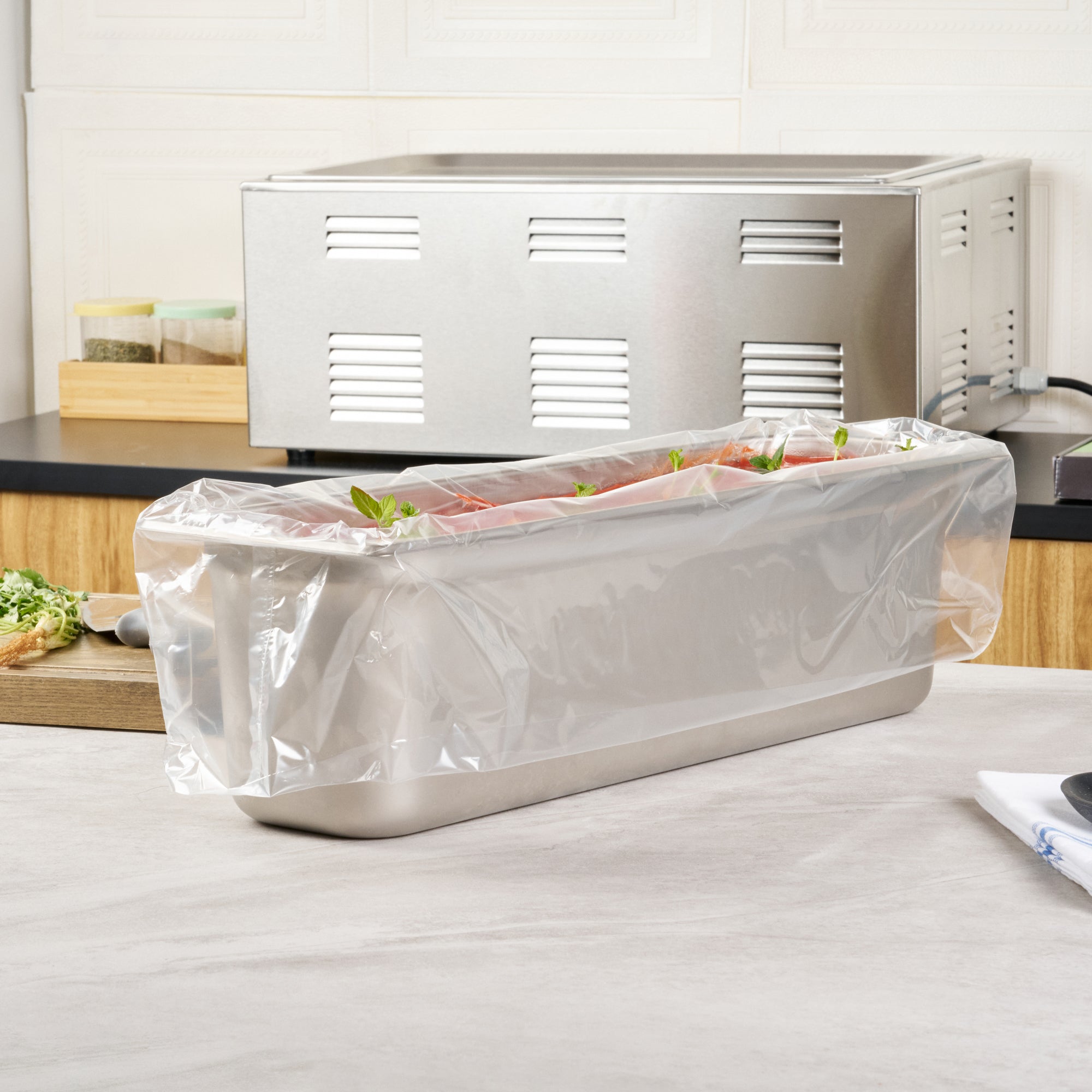 Fresh Hero Nylon Half Size Long Steam Table Pan Liner - 6" Depth - 27" x 14" - 100 count box