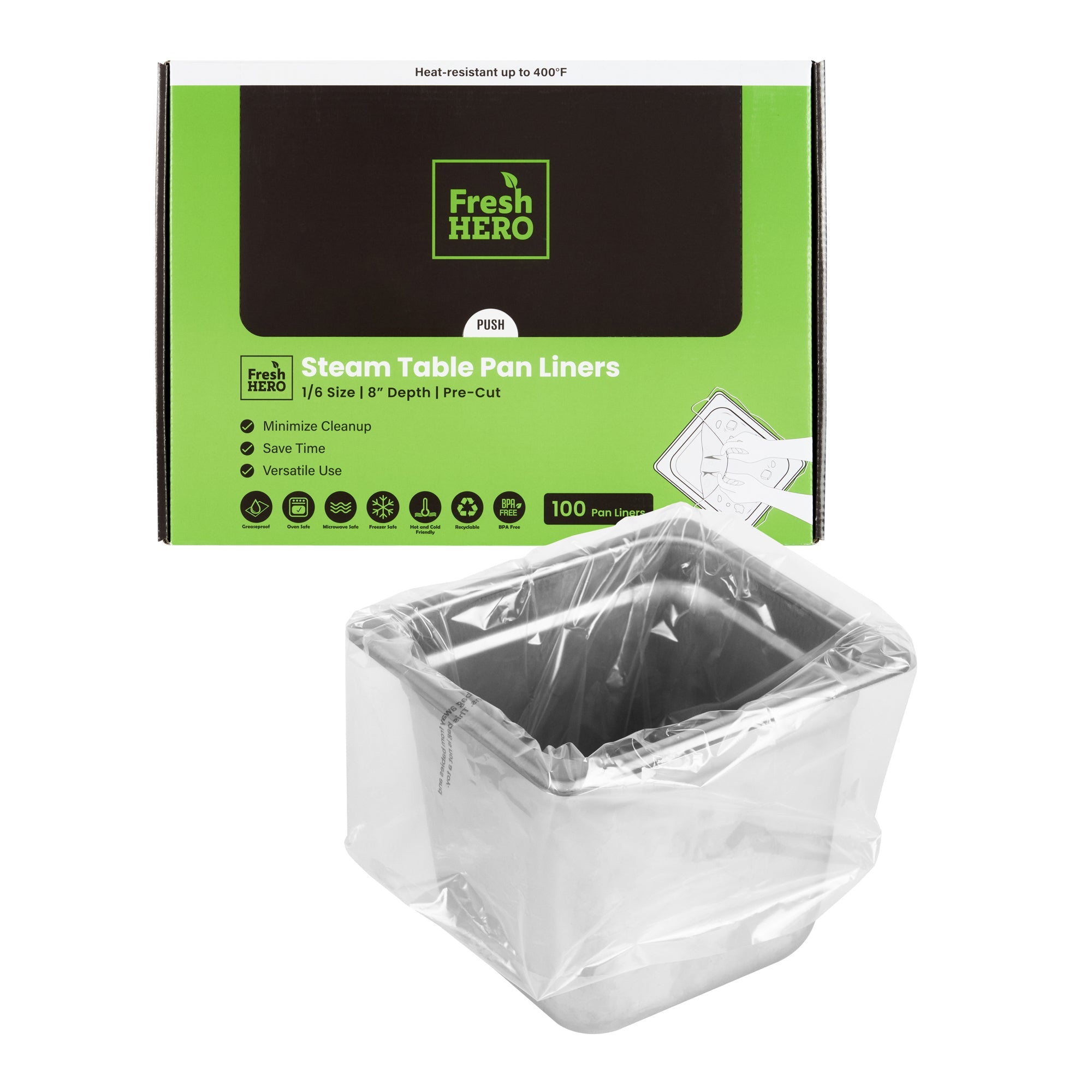 Fresh Hero Nylon 1/6 Size Steam Table Pan Liner - 8" Depth - 13" x 18" - 100 count box