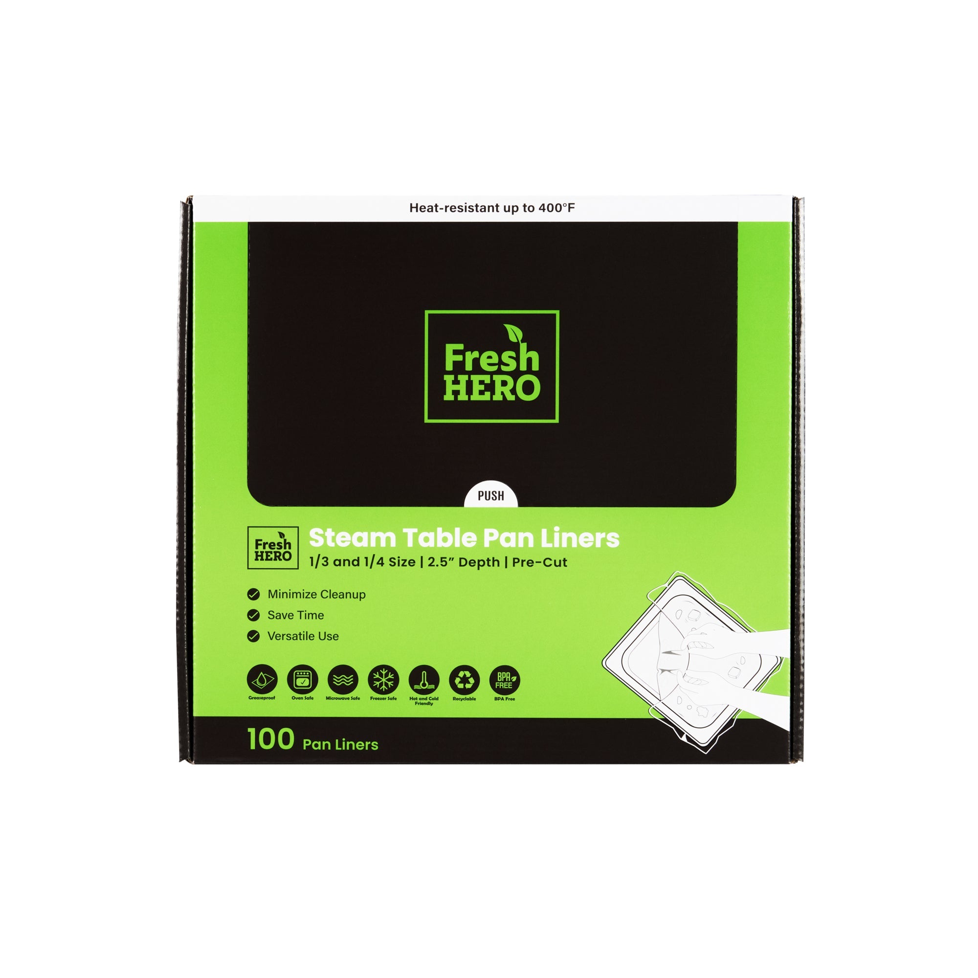 Fresh Hero Nylon 1/3 and 1/4 Steam Table Pan Liner - 2.5" Depth - 19" x 10" - 100 count box