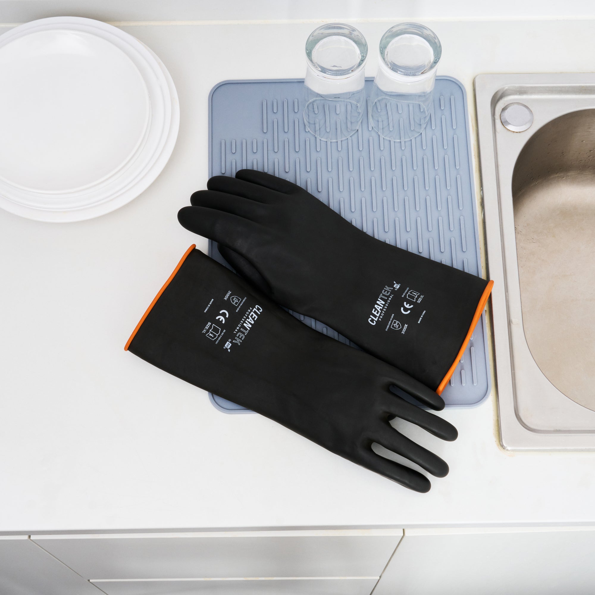 Clean Tek Professional 30 mil Black Latex Chemical-Resistant Gloves - Unlined, Heavy Duty - 13 3/4" - Pair - 1 count box