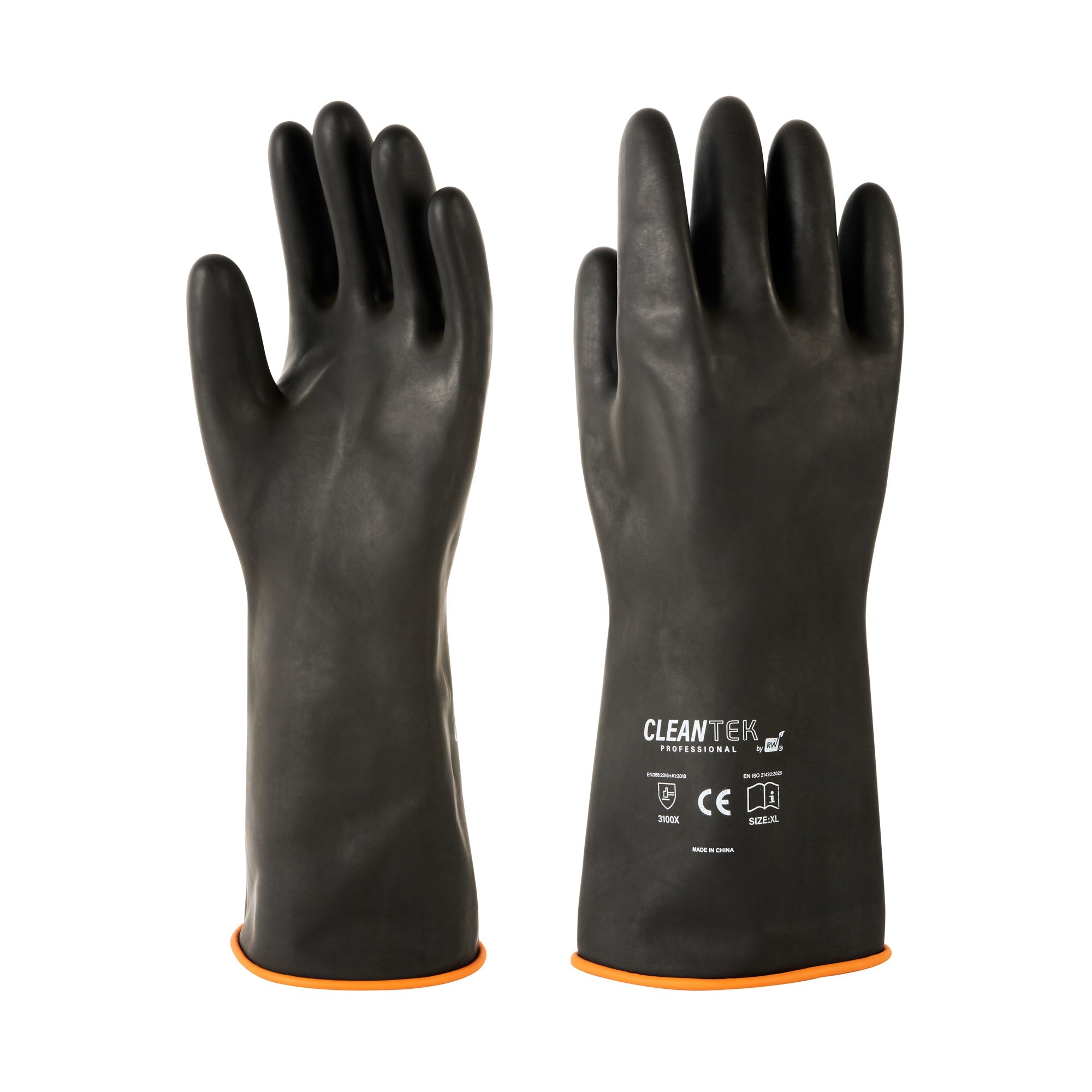 Clean Tek Professional 30 mil Black Latex Chemical-Resistant Gloves - Unlined, Heavy Duty - 13 3/4" - Pair - 10 count box