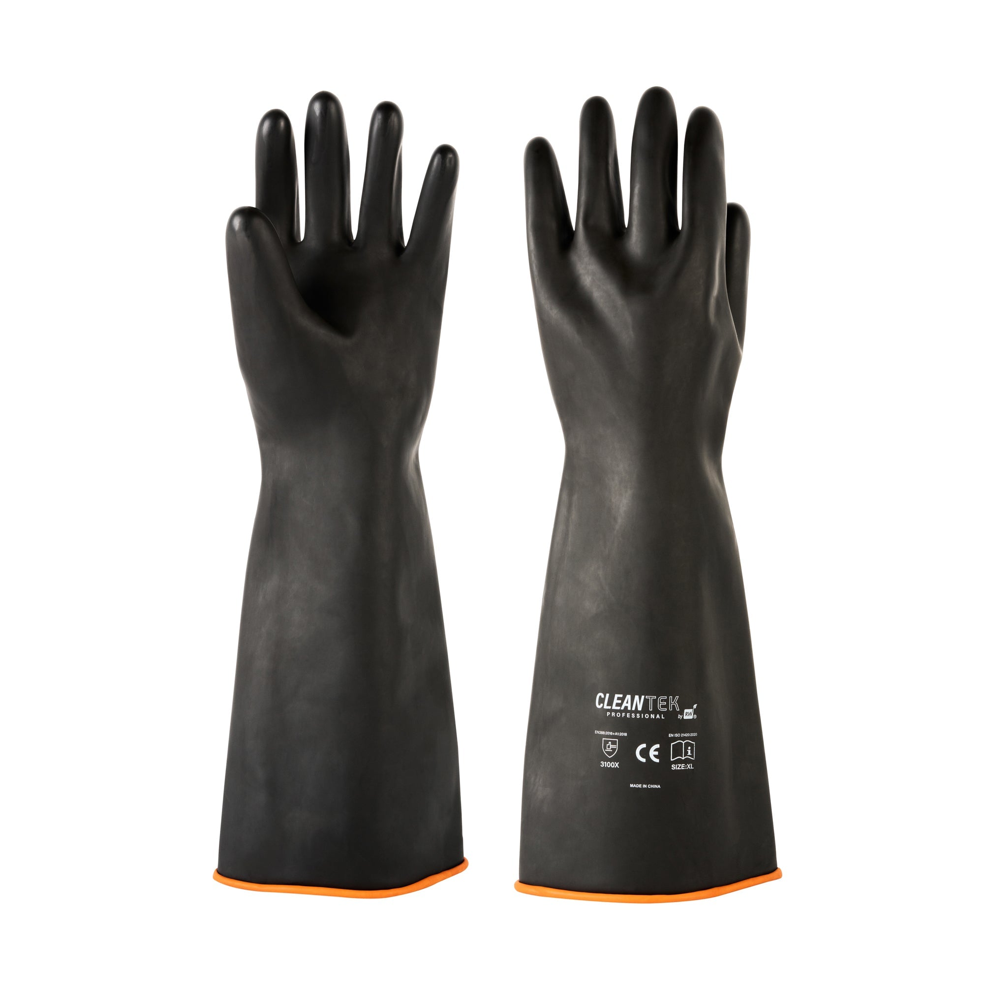 Clean Tek Professional 30 mil Black Latex Chemical-Resistant Gloves - Unlined, Heavy Duty - 17 3/4" - Pair - 10 count box