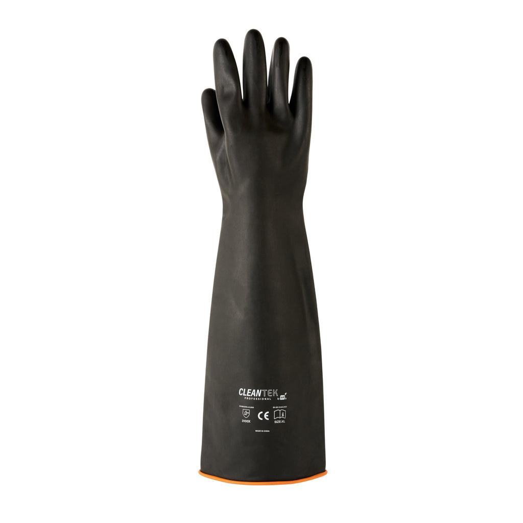 Clean Tek Professional 30 mil Black Latex Chemical-Resistant Gloves - Unlined, Heavy Duty - 21 3/4" - Pair - 1 count box