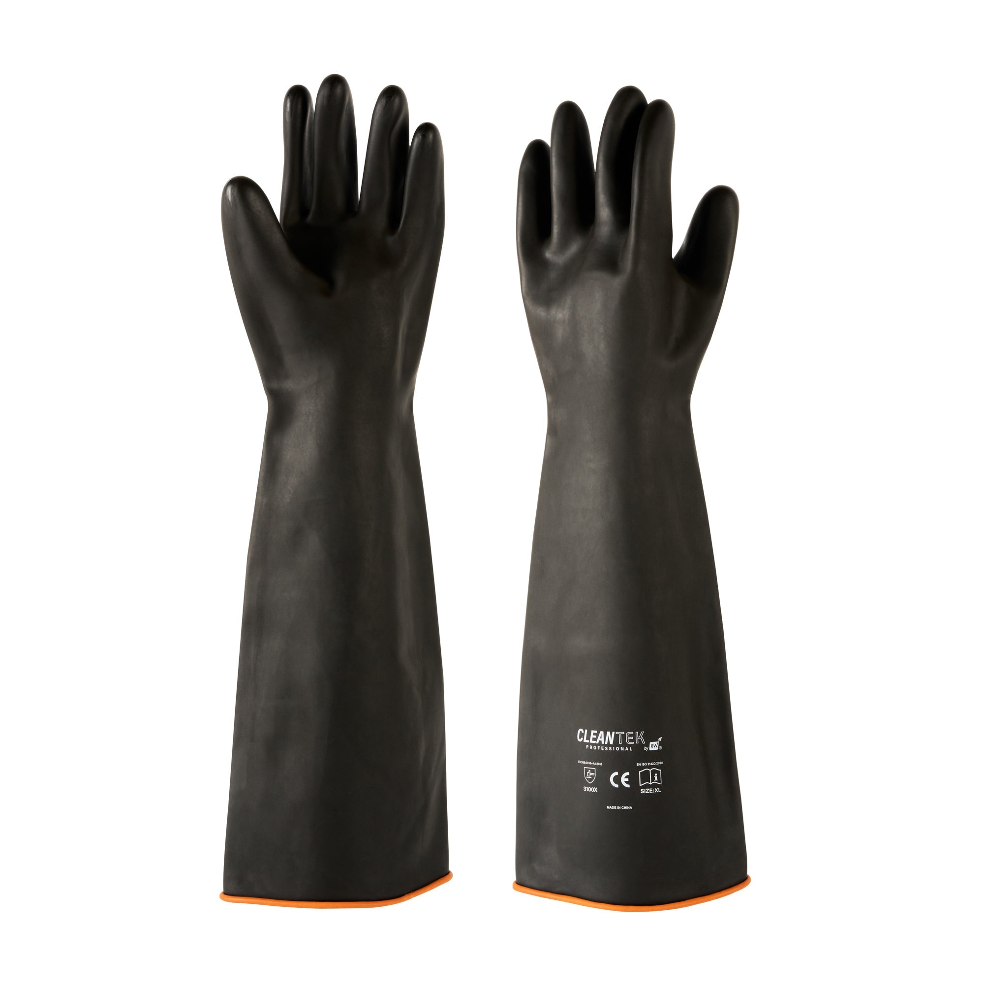 Clean Tek Professional 30 mil Black Latex Chemical-Resistant Gloves - Unlined, Heavy Duty - 21 3/4" - Pair - 10 count box