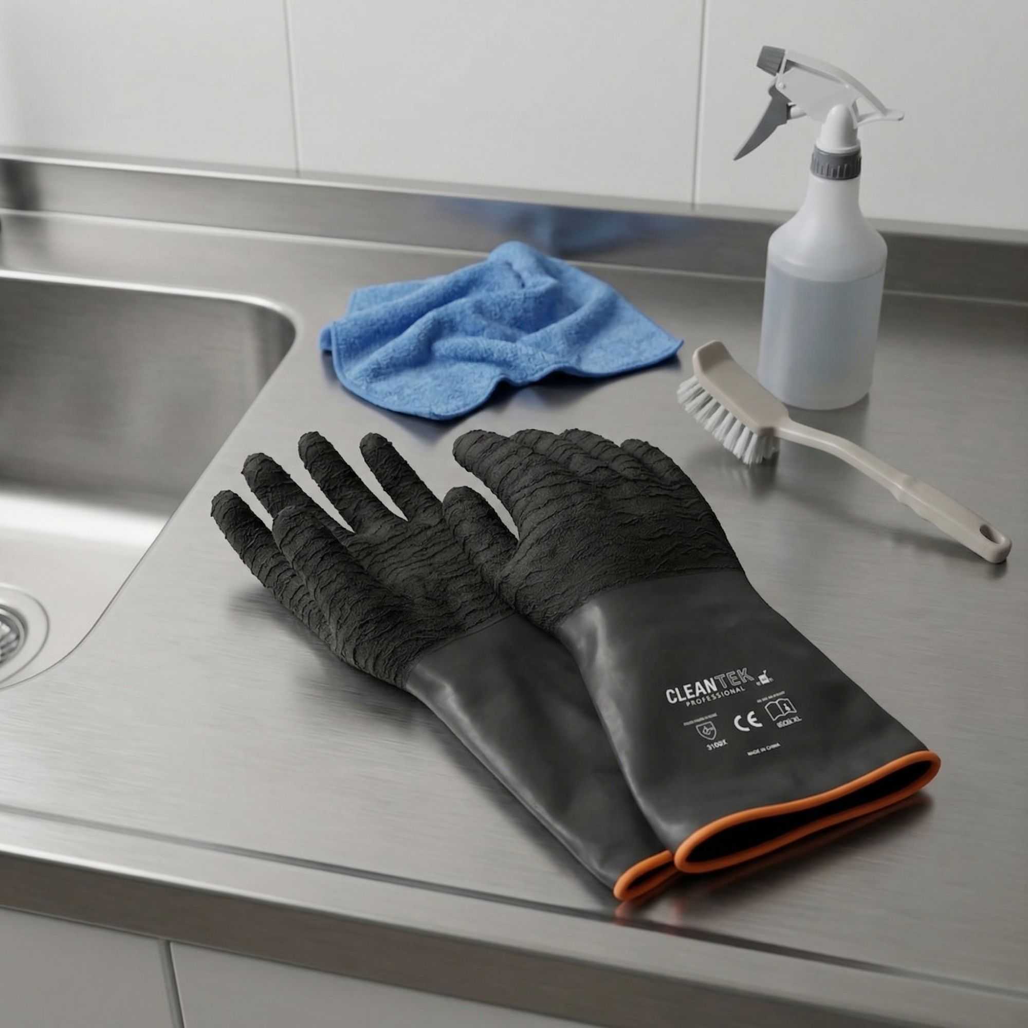 Clean Tek Professional 35 mil Black Latex Chemical-Resistant Gloves - Non-Slip, Unlined, Heavy Duty - 13 3/4" - Pair - 1 count box