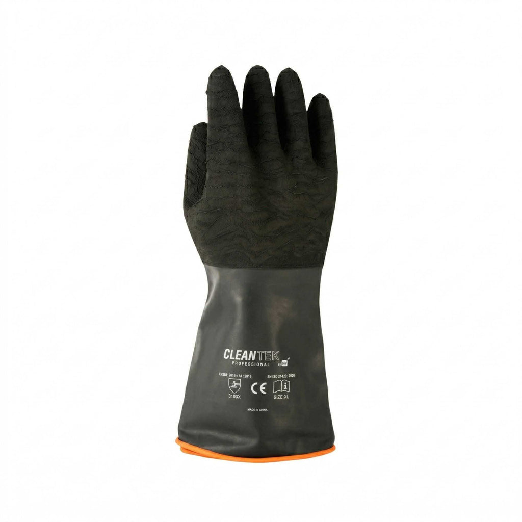 Clean Tek Professional 35 mil Black Latex Chemical-Resistant Gloves - Non-Slip, Unlined, Heavy Duty - 13 3/4" - Pair -- 10 count box