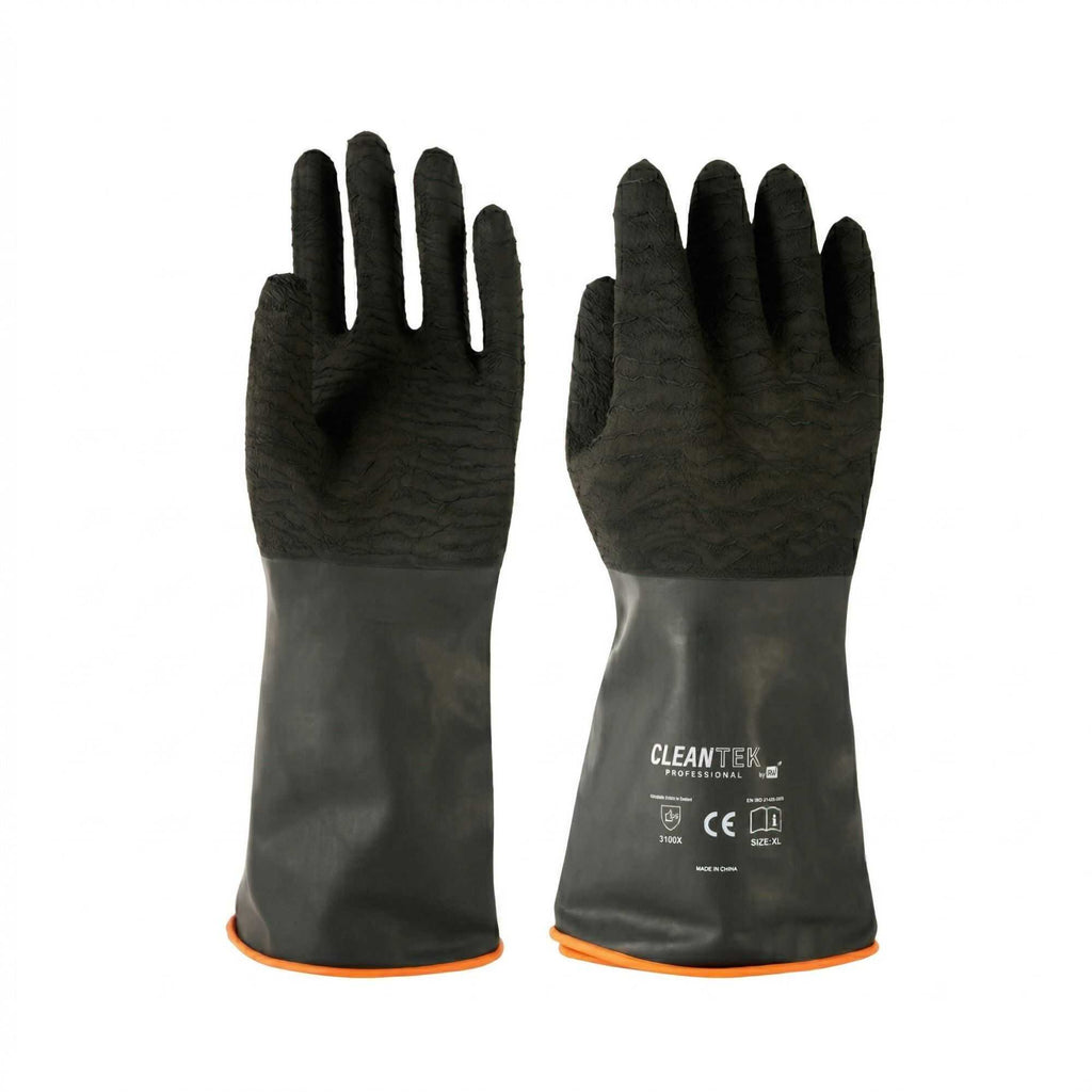 Clean Tek Professional 35 mil Black Latex Chemical-Resistant Gloves - Non-Slip, Unlined, Heavy Duty - 13 3/4" - Pair -- 10 count box