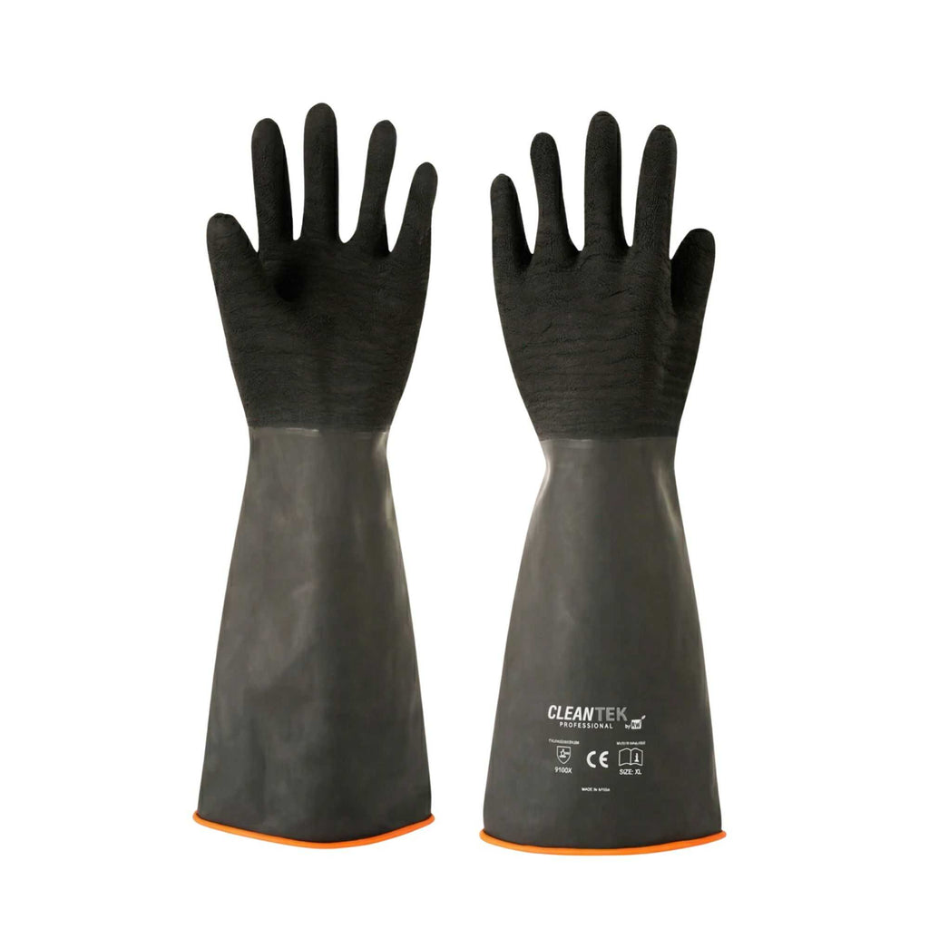 Clean Tek Professional 35 mil Black Latex Chemical-Resistant Gloves - Non-Slip, Unlined, Heavy Duty - 17 3/4" - Pair - 10 count box