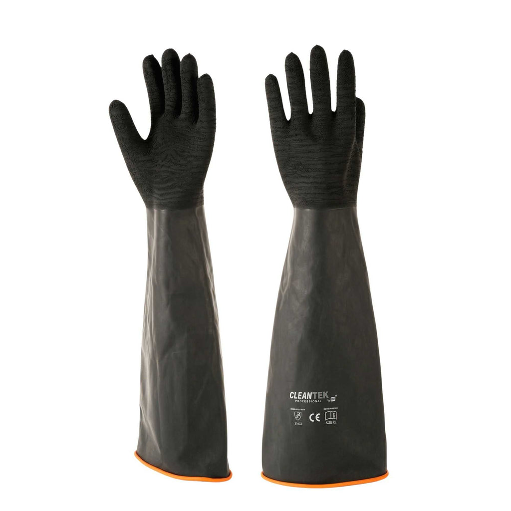 Clean Tek Professional 35 mil Black Latex Chemical-Resistant Gloves - Non-Slip, Unlined, Heavy Duty - 21 3/4" - Pair - 1 count box