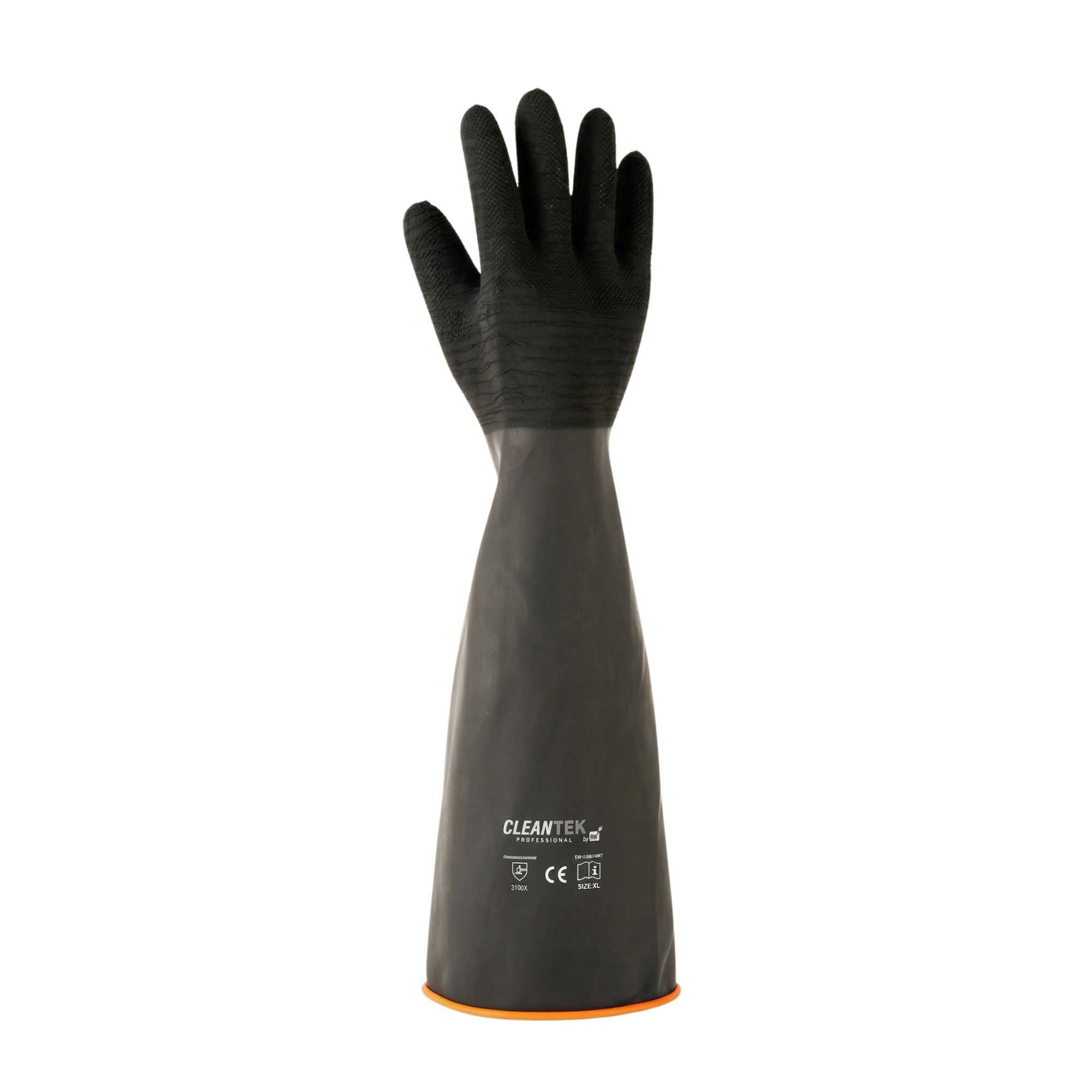 Clean Tek Professional 35 mil Black Latex Chemical-Resistant Gloves - Non-Slip, Unlined, Heavy Duty - 21 3/4" - Pair - 10 count box