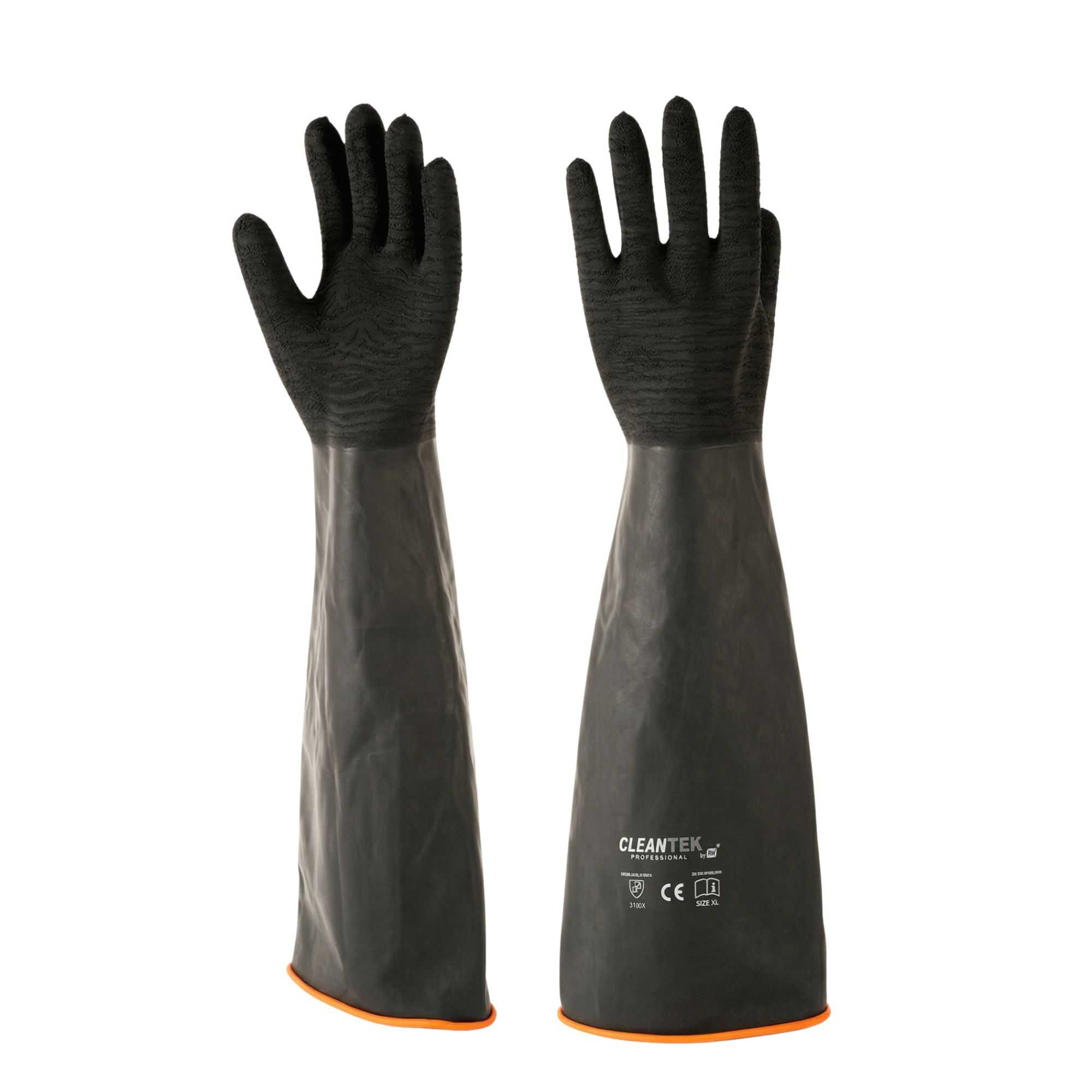Clean Tek Professional 35 mil Black Latex Chemical-Resistant Gloves - Non-Slip, Unlined, Heavy Duty - 21 3/4" - Pair - 10 count box