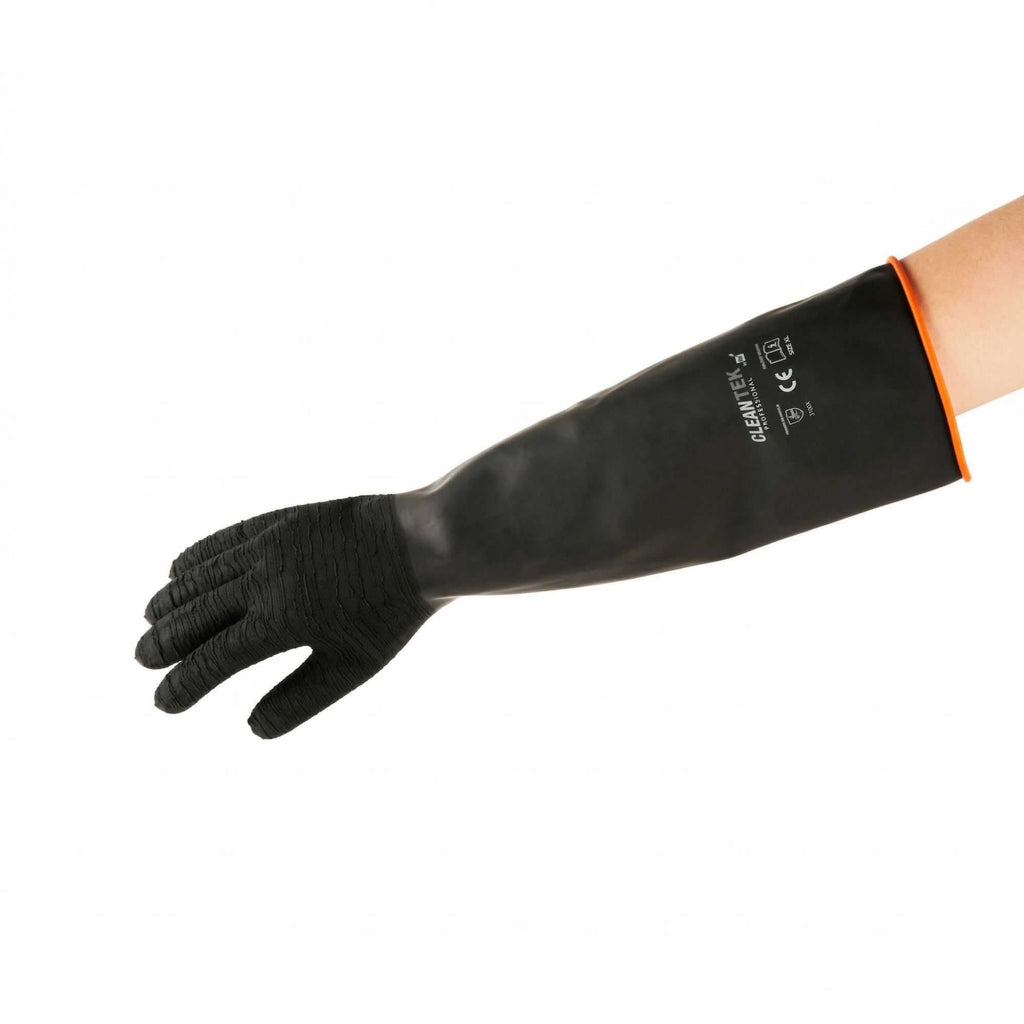 Clean Tek Professional 35 mil Black Latex Chemical-Resistant Gloves - Non-Slip, Unlined, Heavy Duty - 21 3/4" - Pair - 10 count box