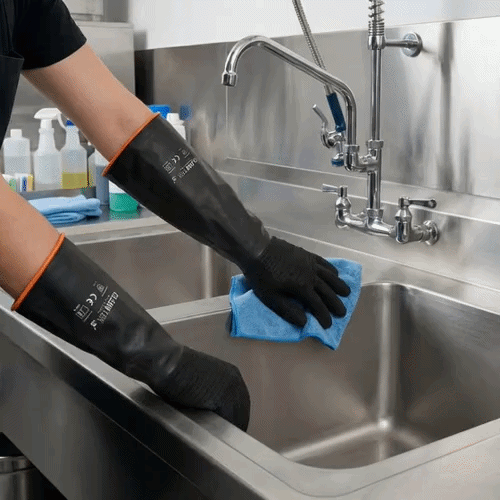 Clean Tek Professional 35 mil Black Latex Chemical-Resistant Gloves - Non-Slip, Unlined, Heavy Duty - 21 3/4" - Pair - 10 count box