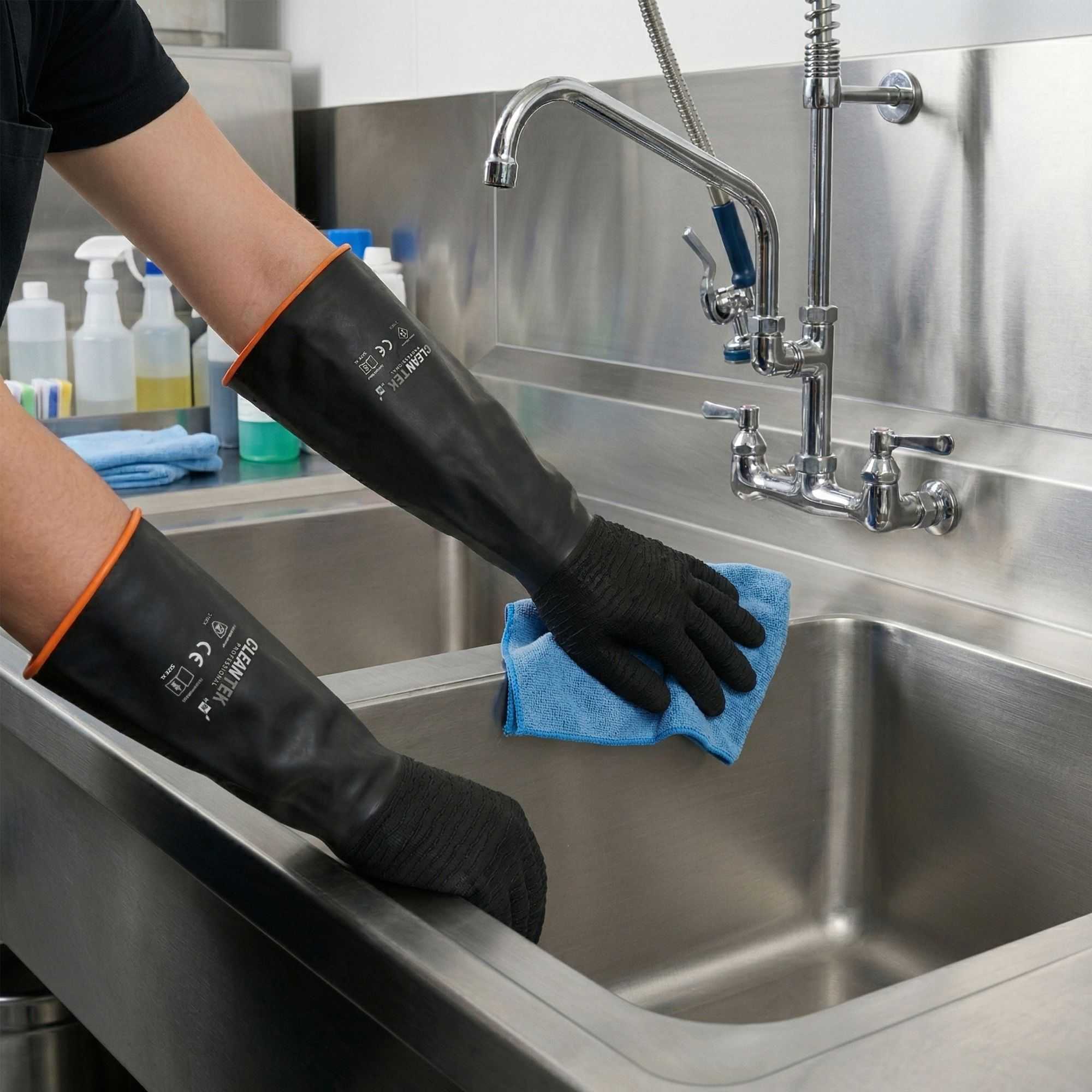 Clean Tek Professional 35 mil Black Latex Chemical-Resistant Gloves - Non-Slip, Unlined, Heavy Duty - 21 3/4" - Pair - 10 count box
